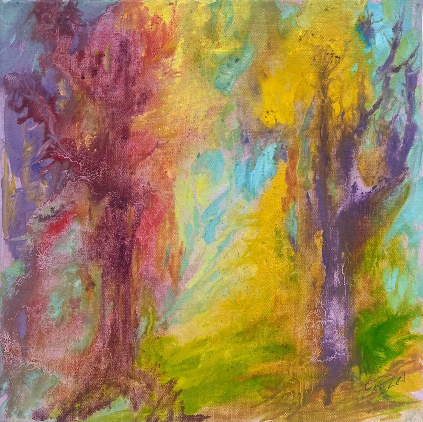 Geza Somerset Paddonpair Of Purple Trees In Colourful Wind Contemporary British Oil Painting Canvas