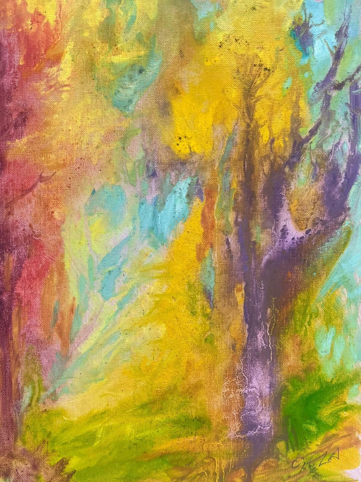 Geza Somerset Paddonpair Of Purple Trees In Colourful Wind Contemporary British Oil Painting Canvas photo Art