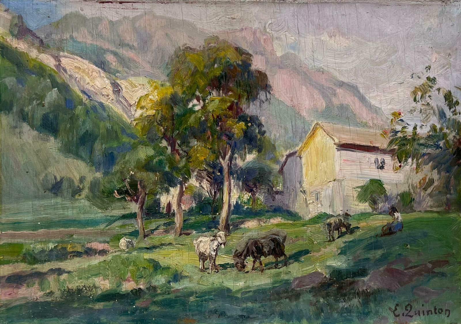 Edmond Quinton1930's French Impressionist Signed Oil Painting Goats Munching On Green Grass1930's photo for sale