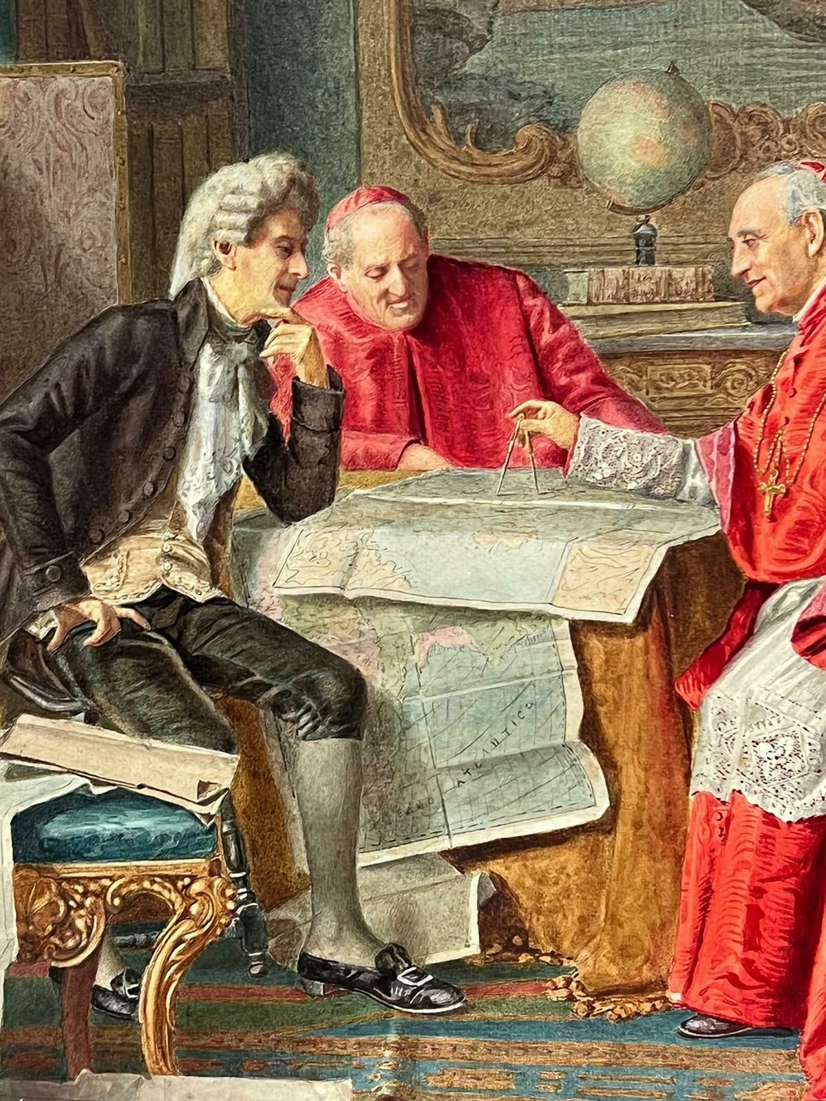 Italian Antiquecardinals & Explorer Discussing Maps Grand Elaborate Interior Antique Painting photo 2513.0
