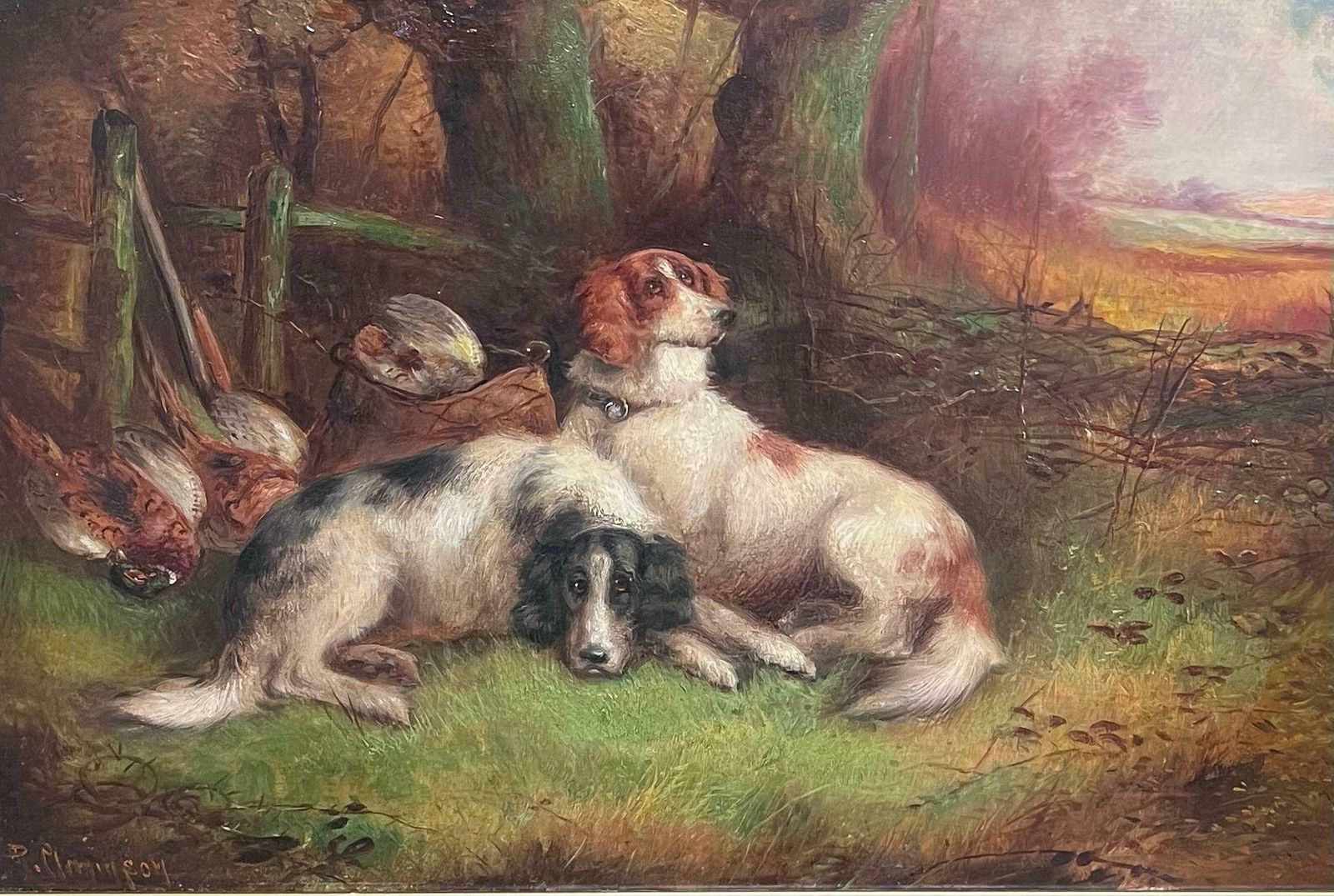 Robert Cleminsonsetter Dogs/ Spaniels In Sporting Landscape Original Victorian English Dog Oil photo furniture