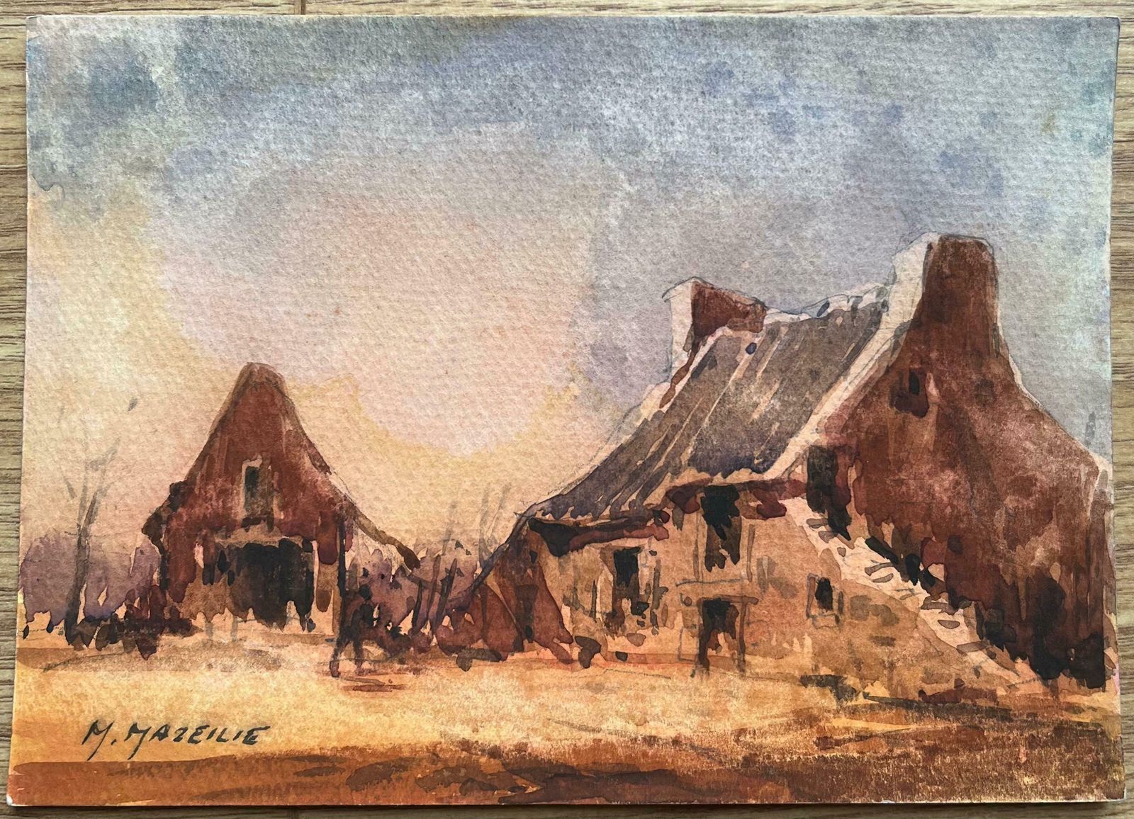 Maurice Mazeiliefrench Impressionist Watercolor Of Rustic Farmhouse At Dusk20th Century photo furniture