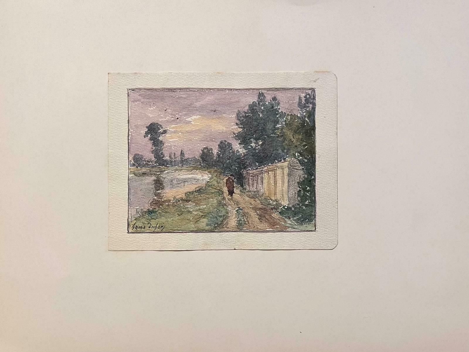 Henri Aime Duhemfine Antique French Impressionist Painting Lone Figure Walking By The River photo furniture