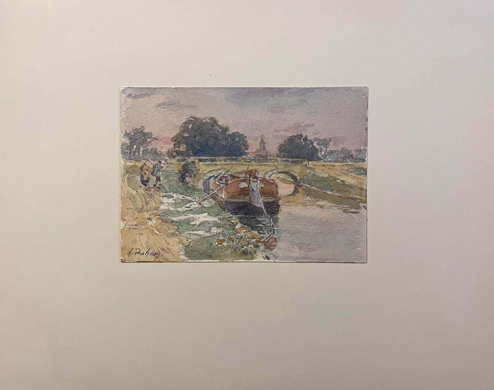Henri Aime Duhemfine Antique French Impressionist Painting Canal Barge Bridge & Walkers On Path photo furniture