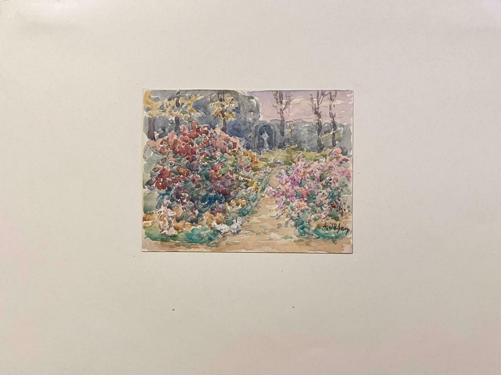 Henri Aime Duhemfine Antique French Impressionist Painting Flower Beds In Garden photo furniture