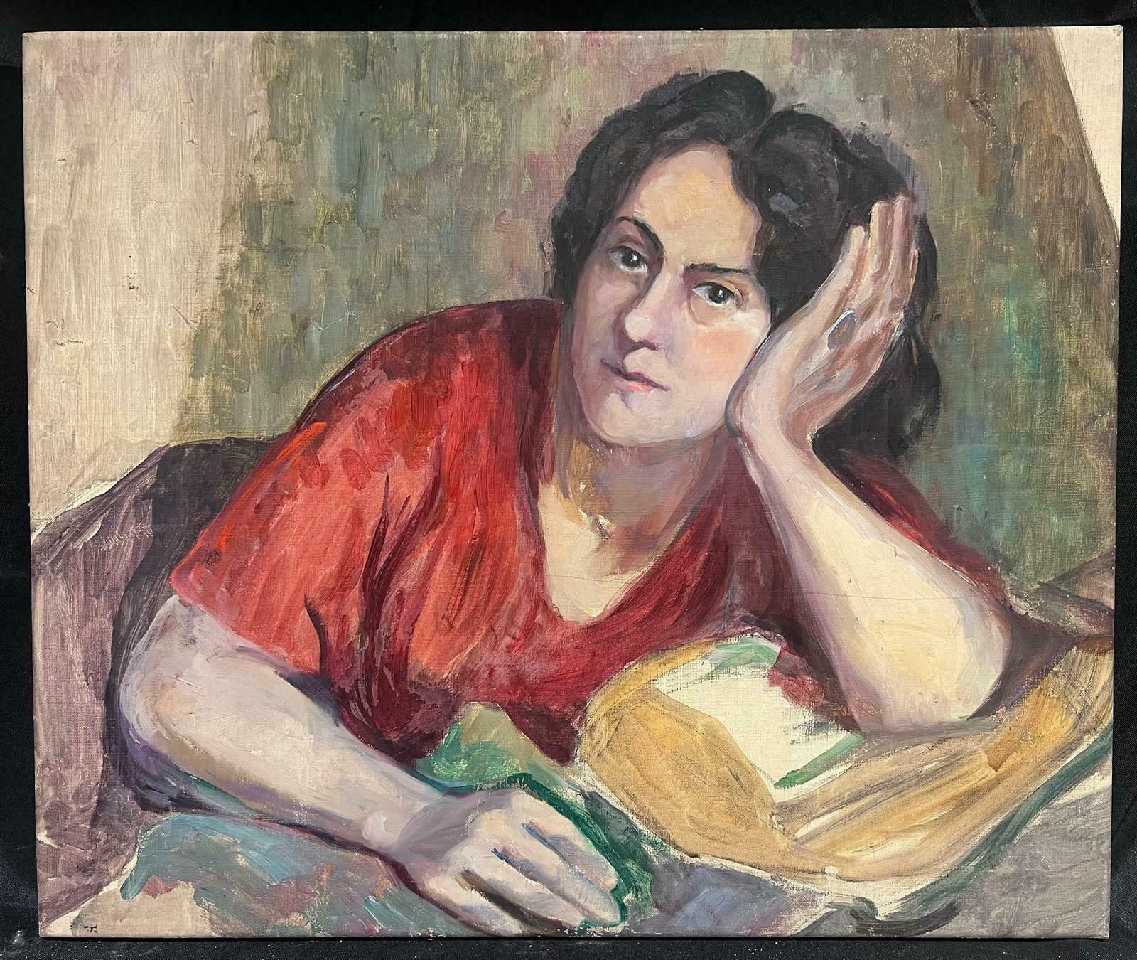Louise Alixmid 20th Century French Oil Portrait Woman Impressionist Sketch On Canvas1940's photo furniture