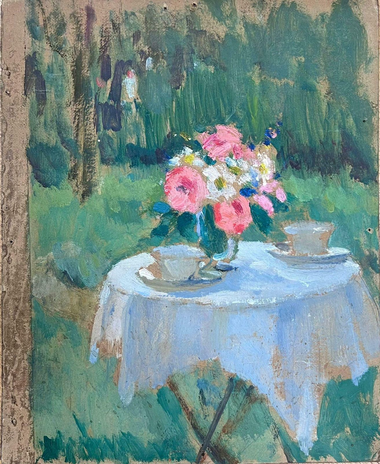 Louise Alix1930's French Impressionist Oil Roses On Table With Cup Double Sided Sketch 1930's photo for sale