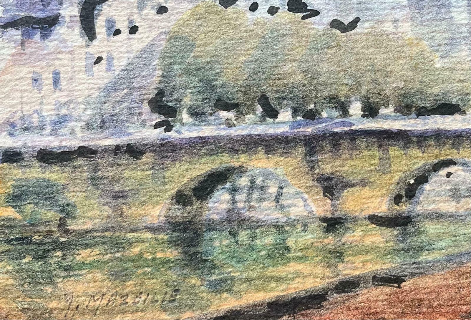 Maurice Mazeiliefrench Impressionist Watercolor Of View Along The Seine With Bridge20th Century photo 185.0