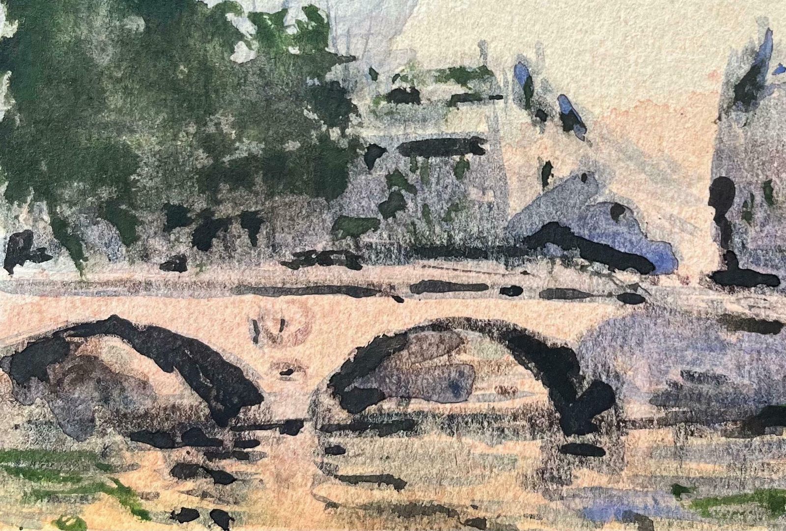 Maurice Mazeiliefrench Impressionist Watercolor Of Sunlit Parisian Bridge Scene With Trees20th Century photo 205.0