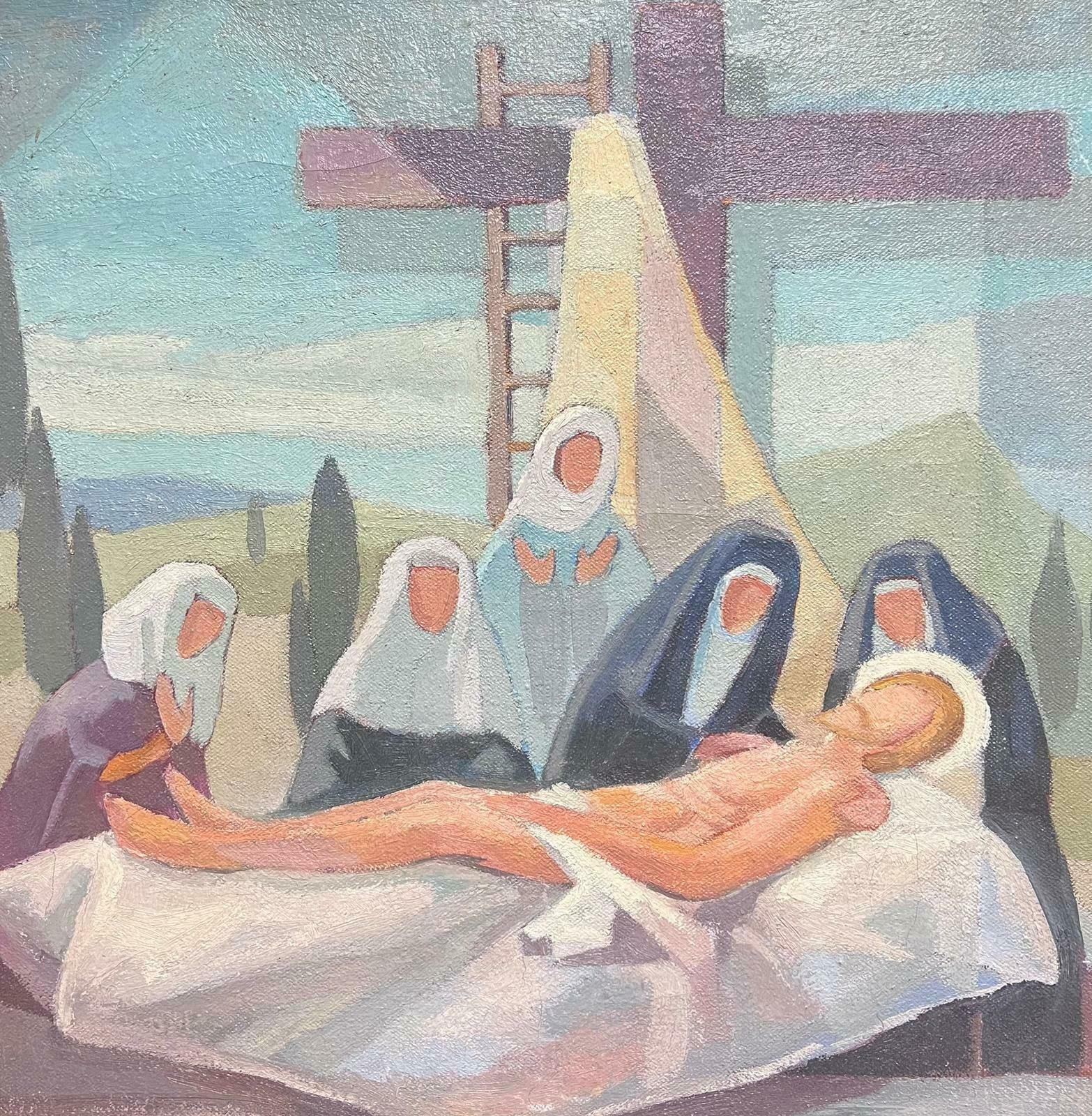 Jean Laforgue1950's French Cubist/ Modernist Oil Painting One Of The Stations Of The Cross 1950's