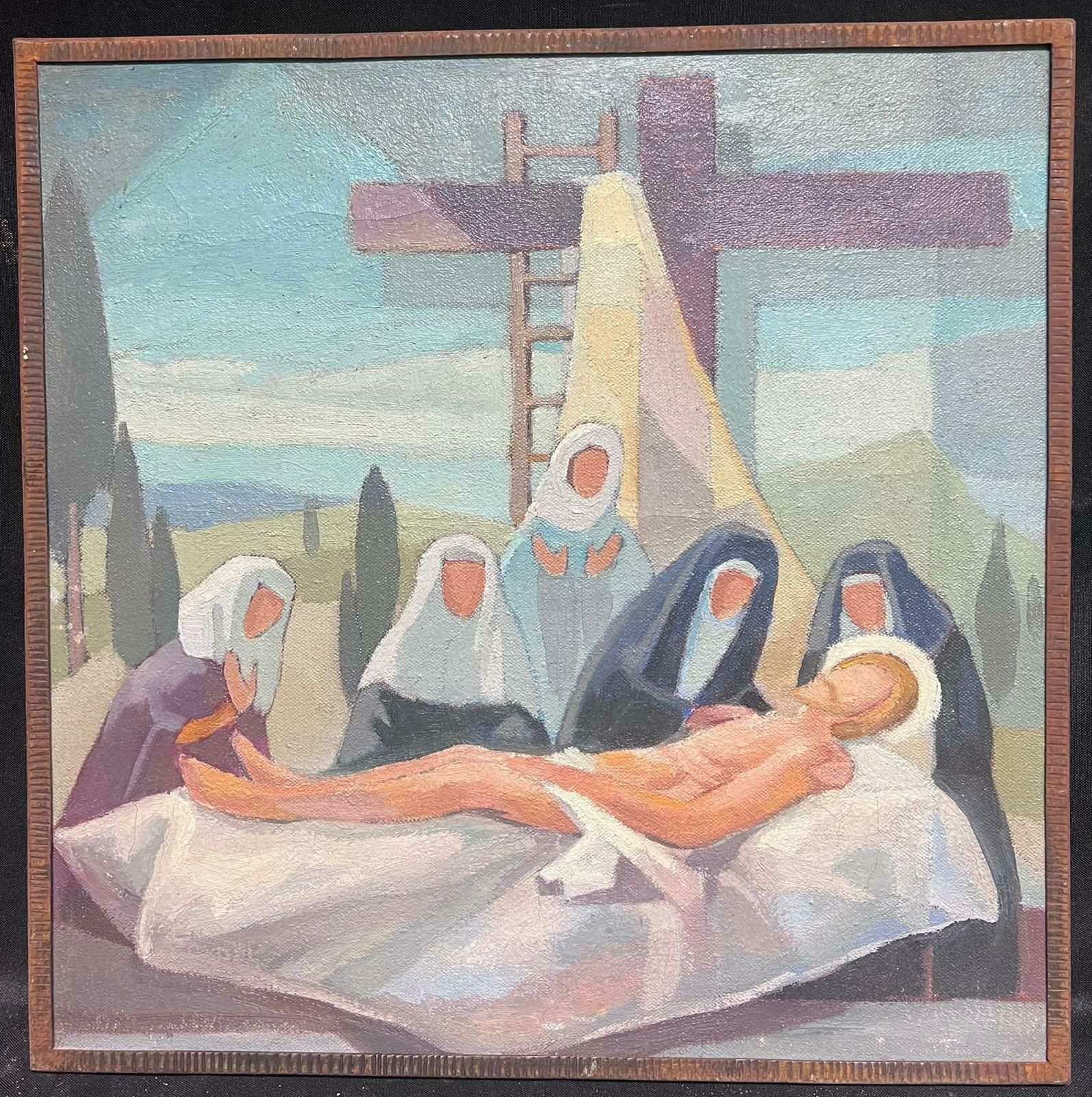 Jean Laforgue1950's French Cubist/ Modernist Oil Painting One Of The Stations Of The Cross 1950's photo furniture