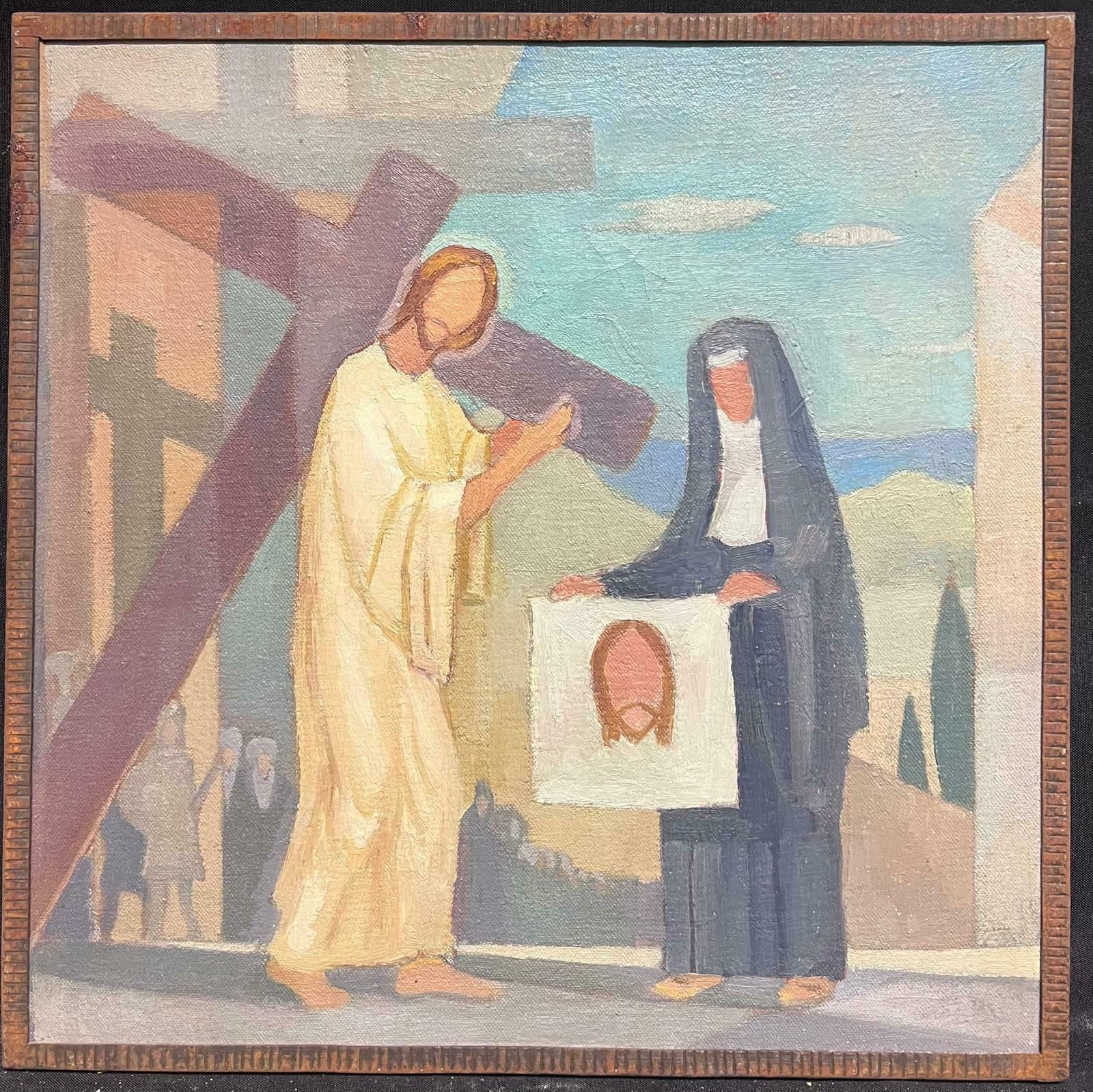Jean Laforgue1950's French Cubist/ Modernist Oil Painting One Of The Stations Of The Cross 1950's photo furniture