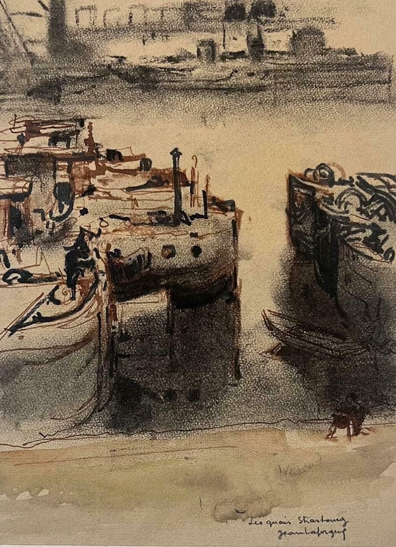 Jean Laforguemid 20th Century French Signed Painting Dark Boats At The Dock