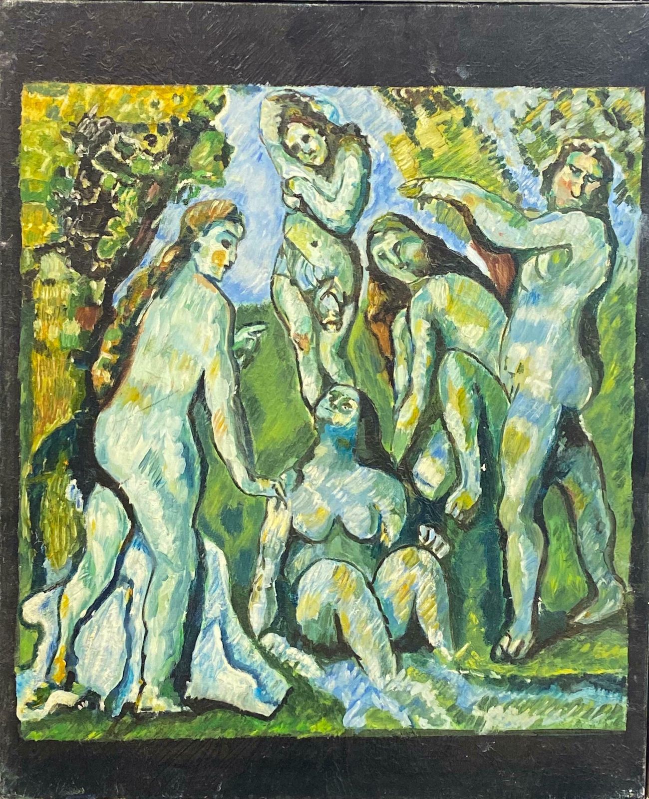 French Expressionistlarge French Expressionist Oil Painting Nude Bathers In Woodlandmid Century