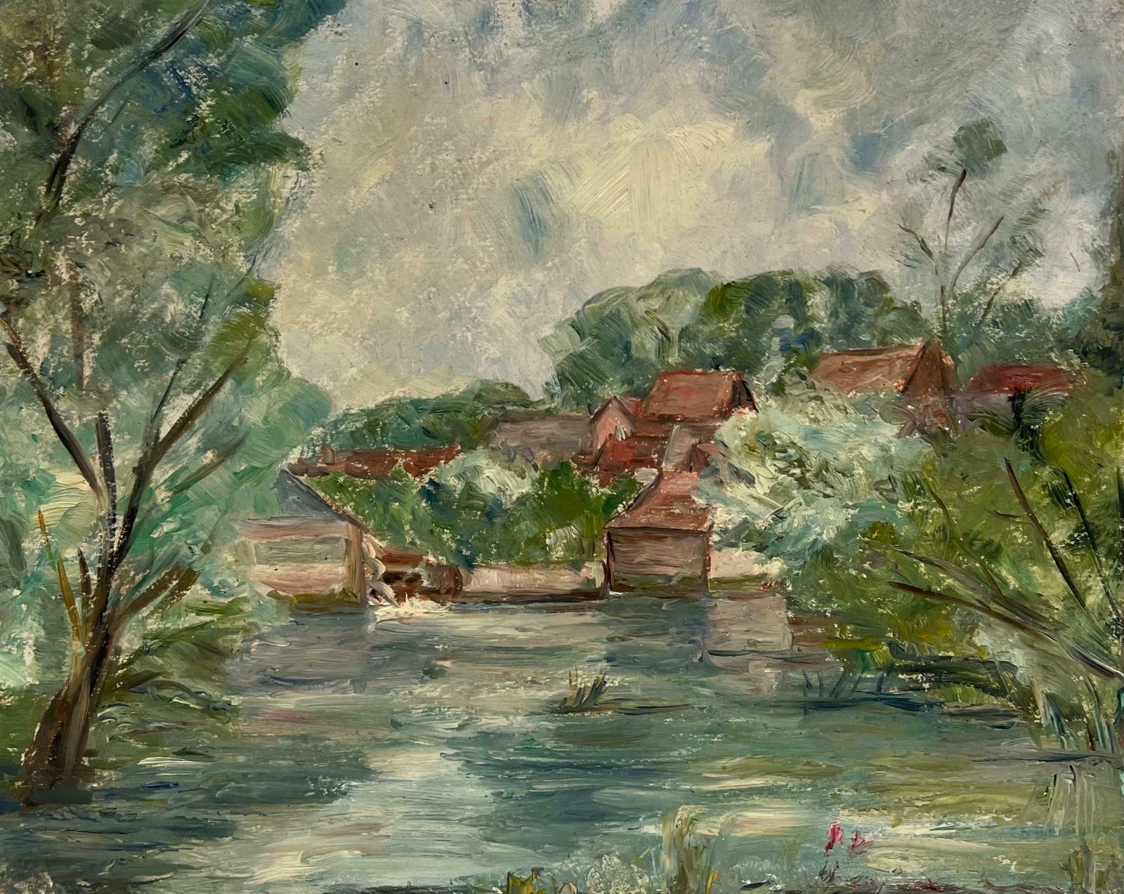 Simone Forgefrench Impressionist Riverside Village With Red Roofs And Verdant Foliage19th Century