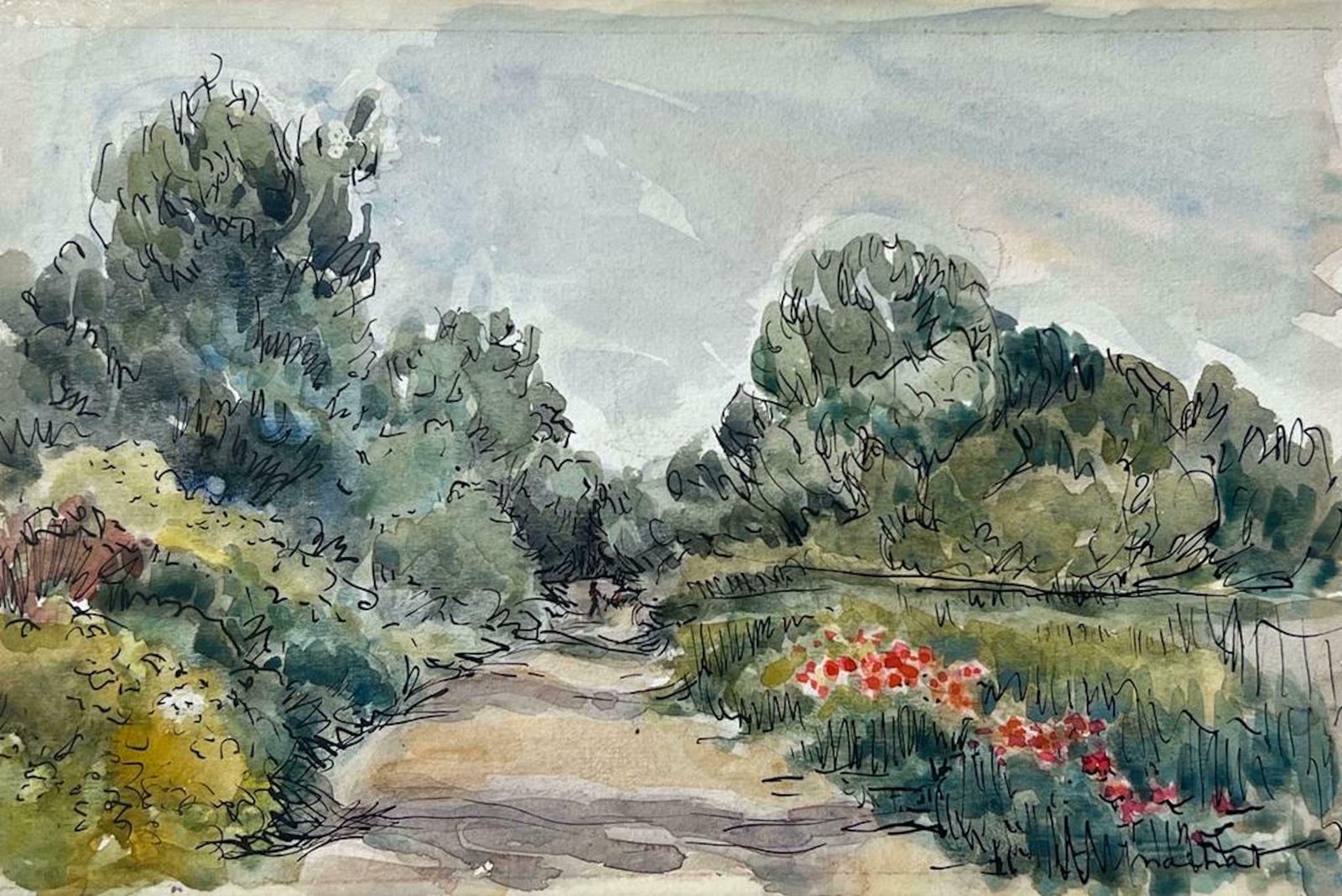 Jean Laforguemid 20th Century French Watercolour Signed Painting Down The Summer Track
