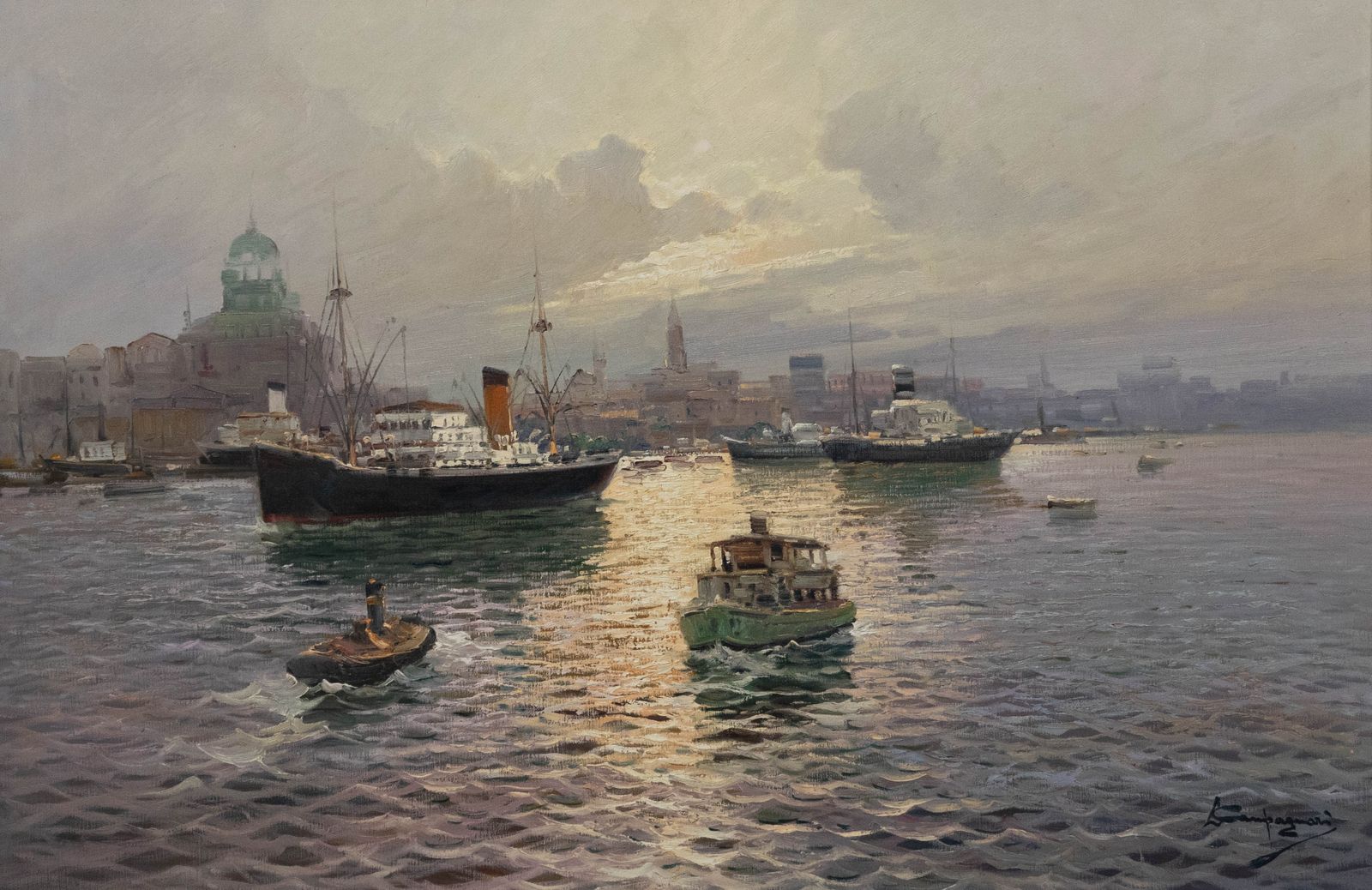 Licinio Campagnari (1920 1981) Large 20th Century Oil, Ships At Sunset photo furniture