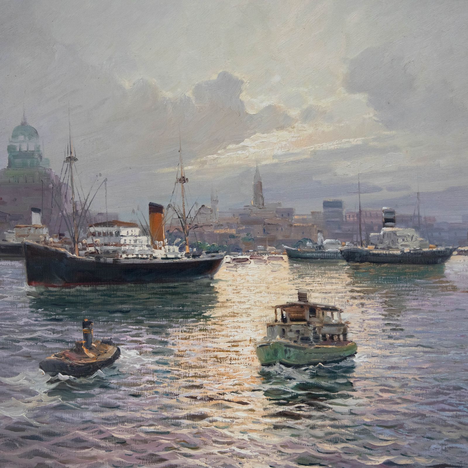 Licinio Campagnari (1920 1981) Large 20th Century Oil, Ships At Sunset photo Art