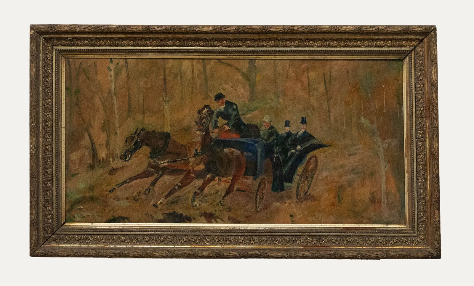 Framed Mid 20th Century Oil Gentlemen In A Horse Drawn Phaeton