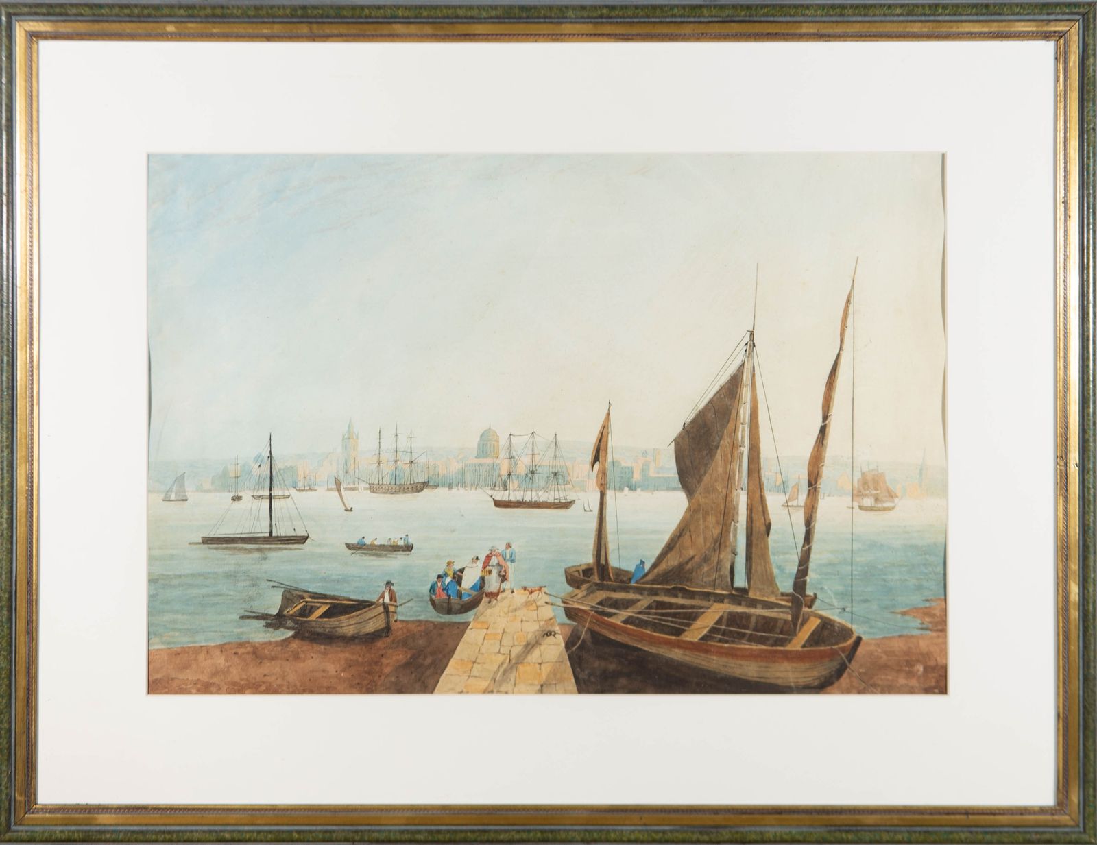 Framed Early 19th Century Watercolour Cityscape, The Disembark