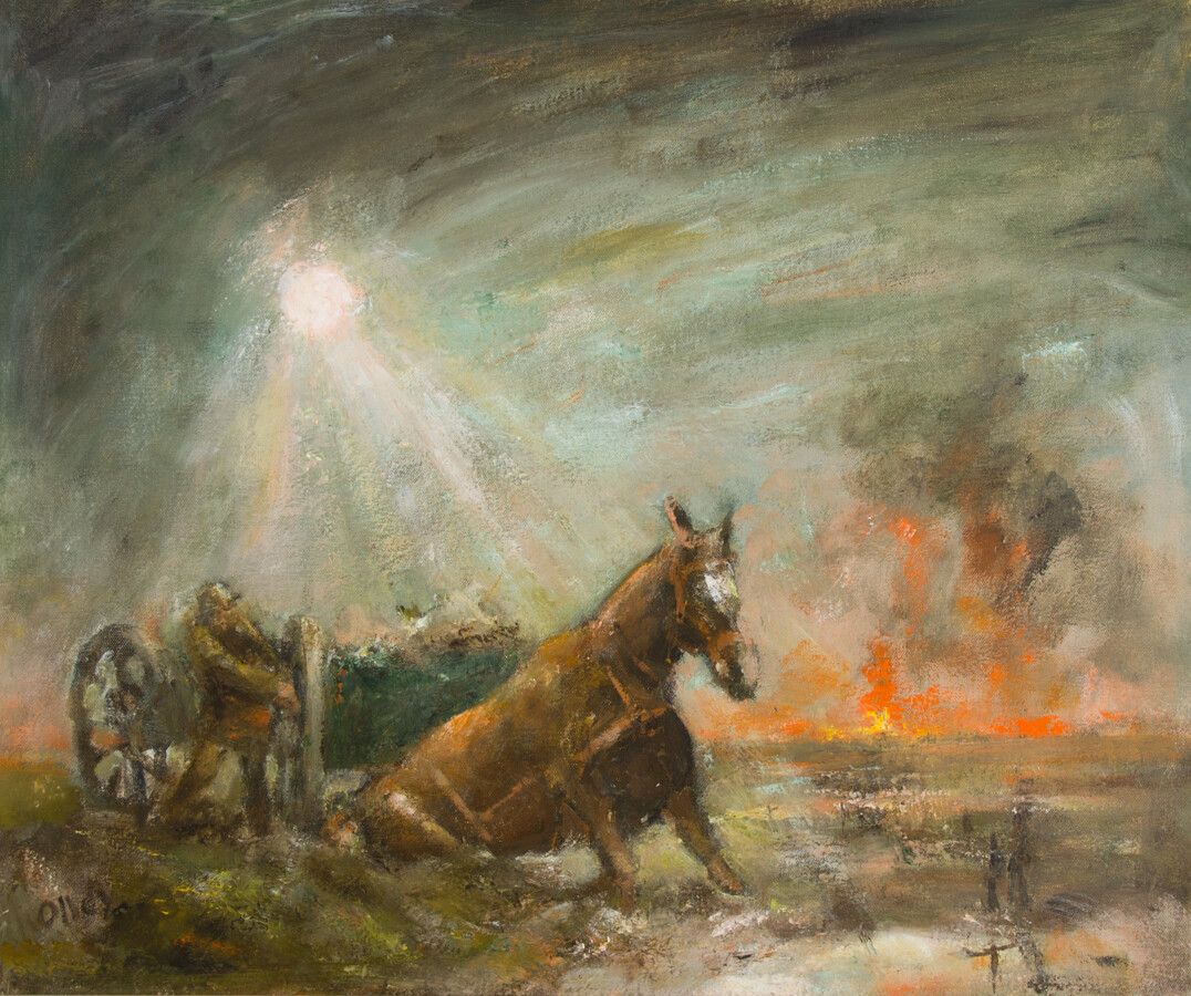 Ronald Olley (B.1923) Signed & Framed C. 2000 Oil, Horses Slain In Mud photo furniture