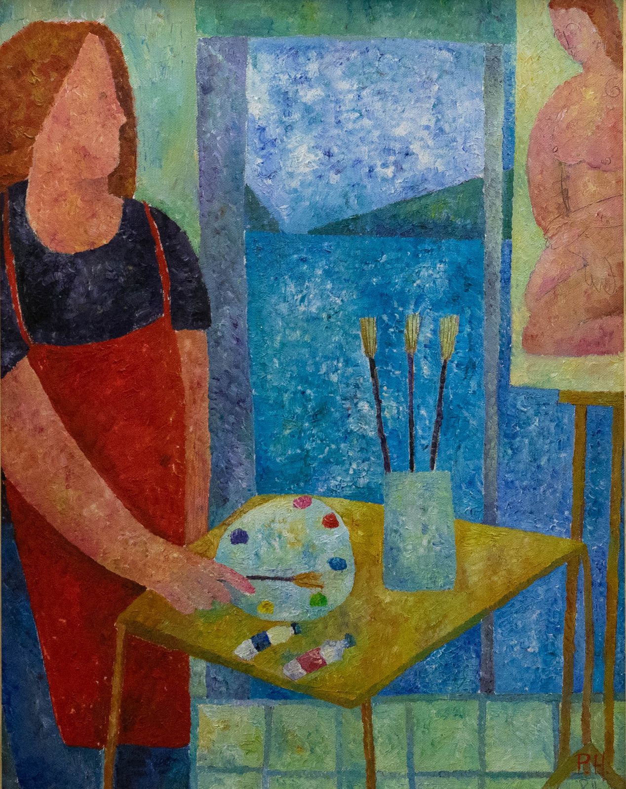 Philippa Hall Framed Contemporary Oil, Artist At Her Easel photo furniture