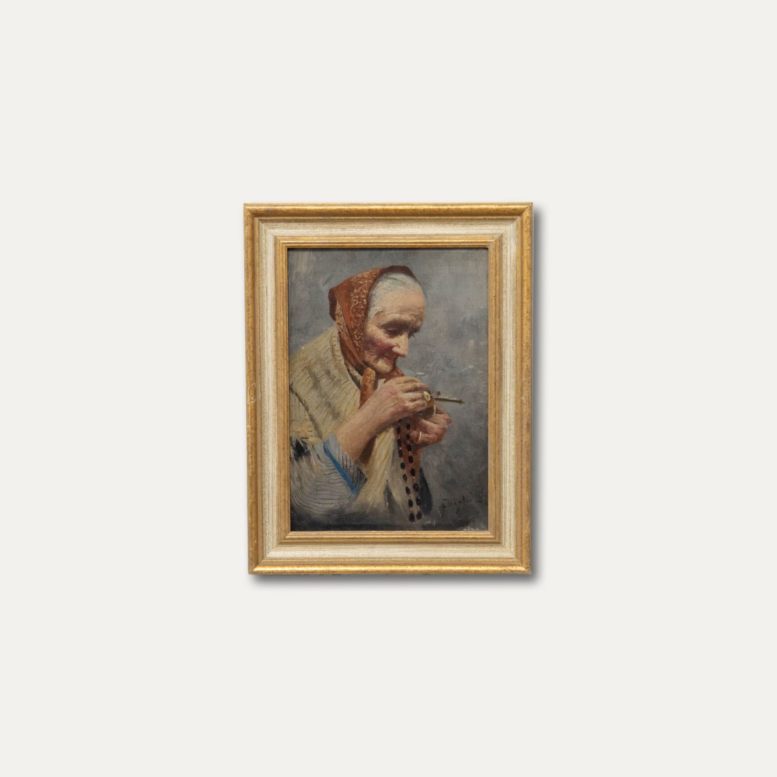 Continental School Mid 20th Century Oil Woman Holding Her Rosary photo vinterior