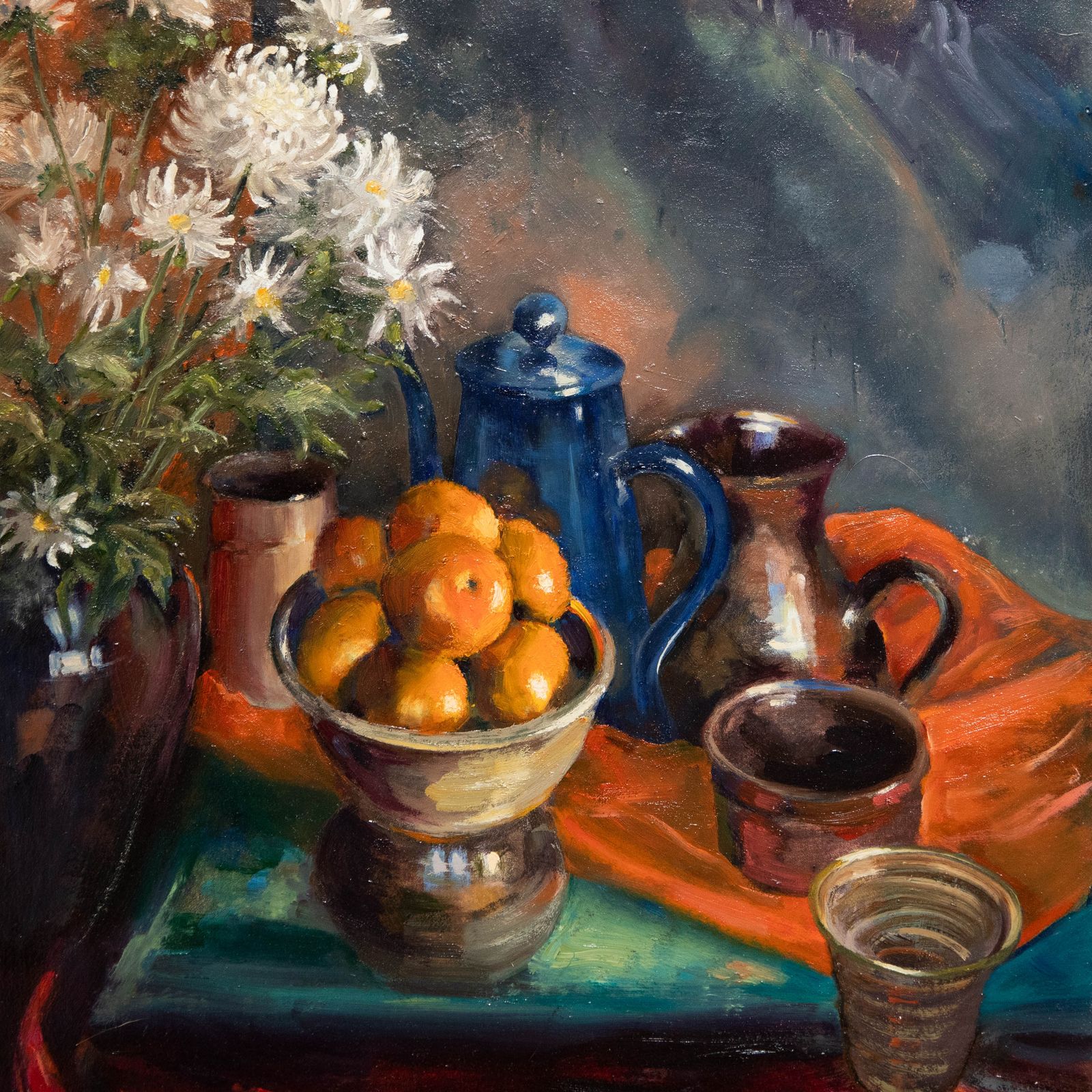 June Bevan (B.1927) 20th Century Oil, Chrysanthemums, Clementines And Teapot photo Art