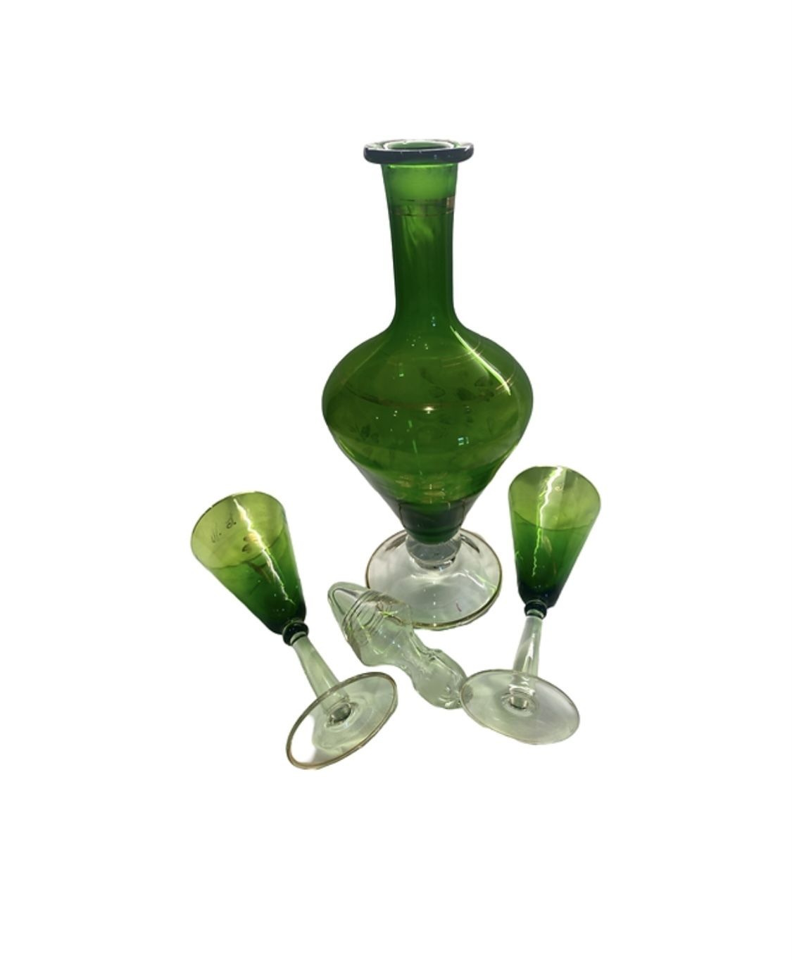 Emerald Green Art Deco Decanter And 2 Wine Glasses photo furniture
