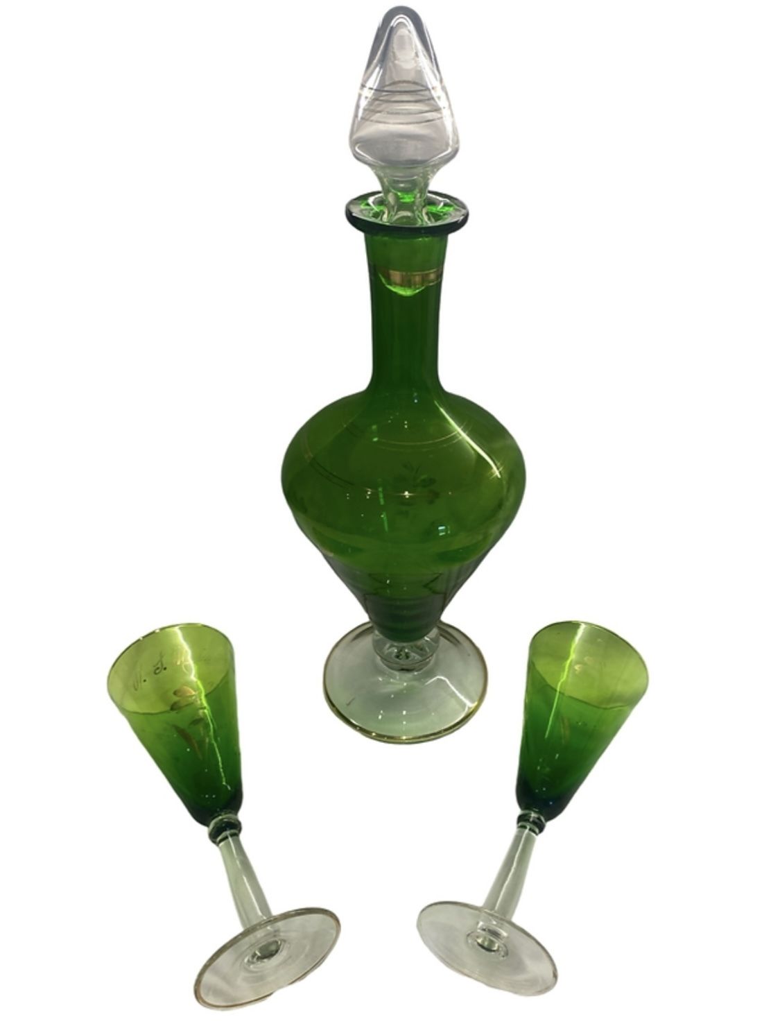 Emerald Green Art Deco Decanter And 2 Wine Glasses photo 145.0