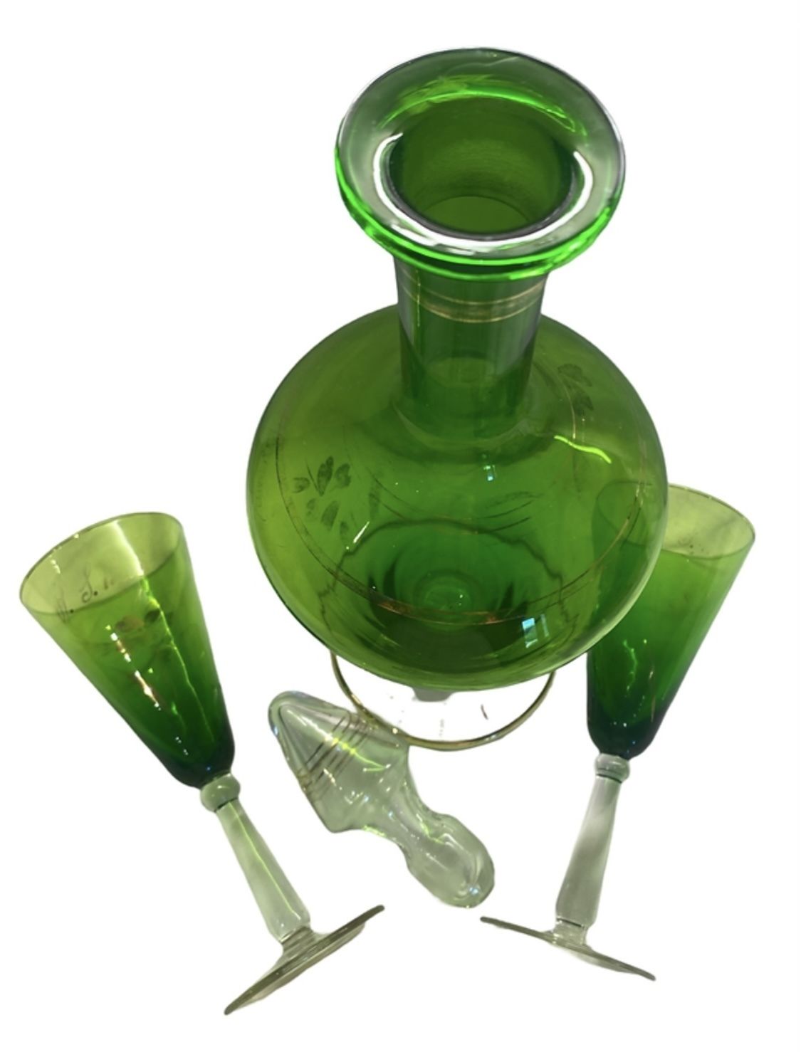 Emerald Green Art Deco Decanter And 2 Wine Glasses photo vintage