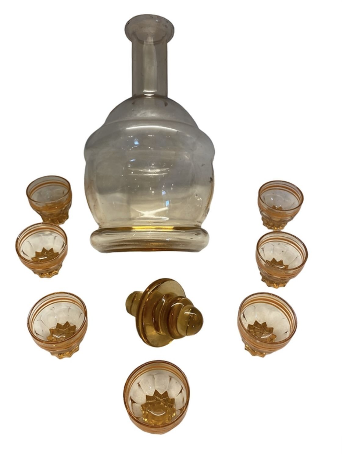 Beautiful Peach Art Deco Decanter And 7 Small Shot Glasses photo vinterior