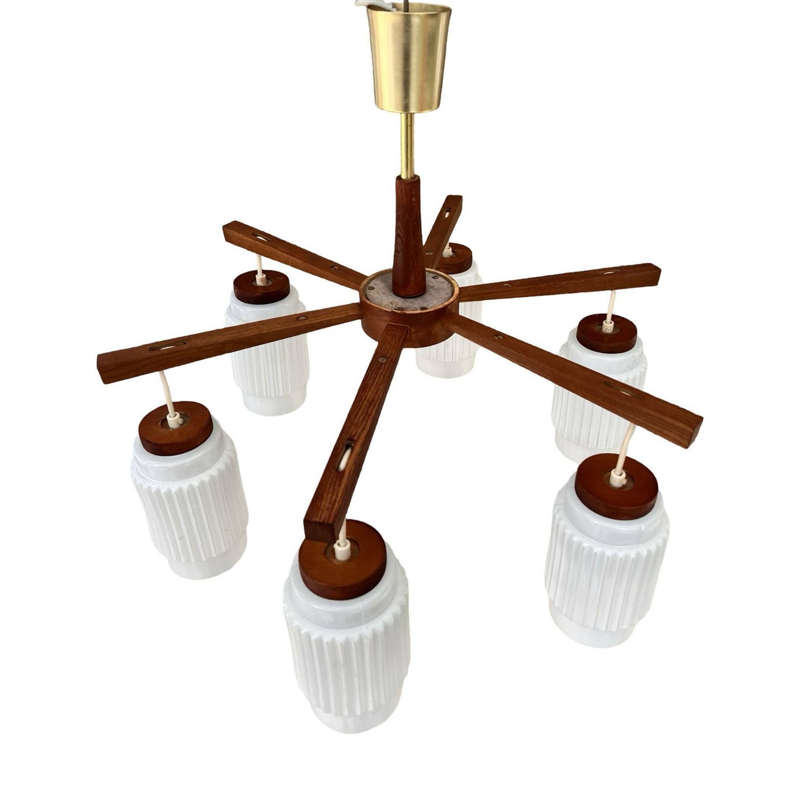 Scandinavian Six Arm Teak Wood Chandelier, Denmark, 1970s. photo vinterior