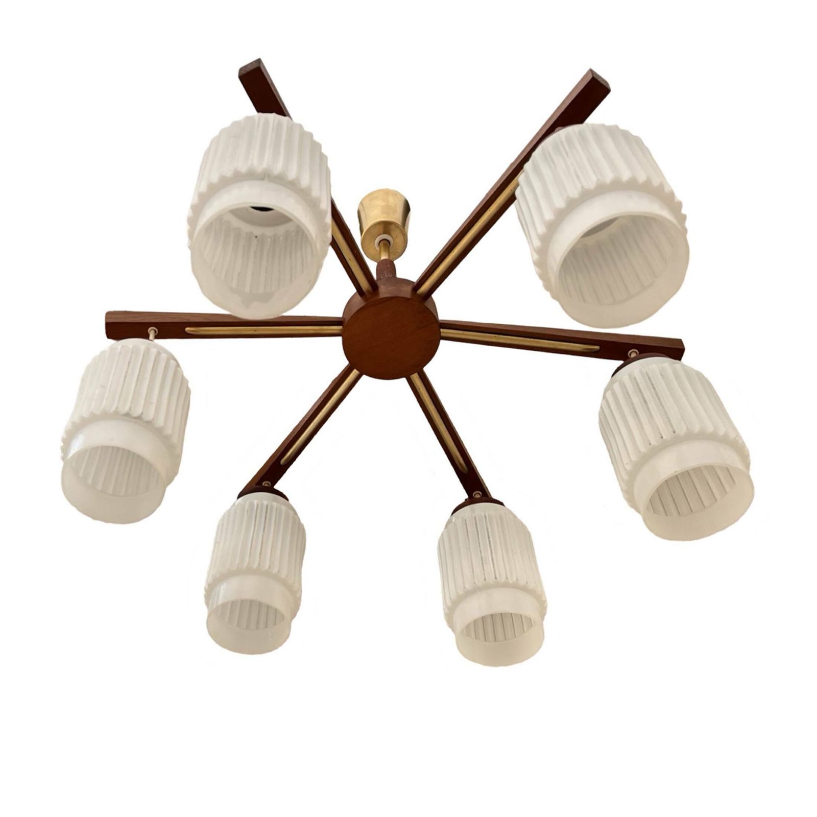 photo furniture Scandinavian Six Arm Teak Wood Chandelier, Denmark, 1970s.