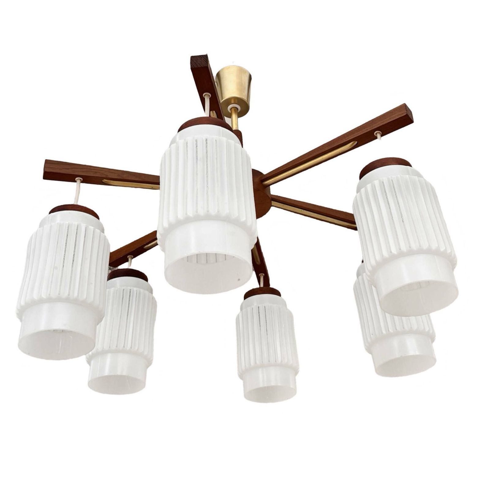 Lighting Scandinavian Six Arm Teak Wood Chandelier, Denmark, 1970s. photo