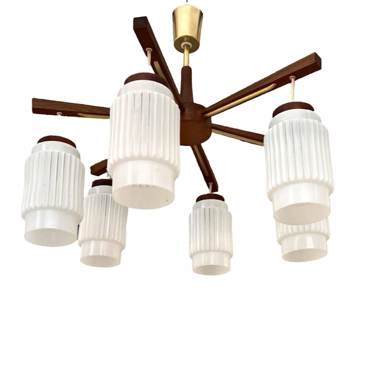 241.0 Scandinavian Six Arm Teak Wood Chandelier, Denmark, 1970s. photo