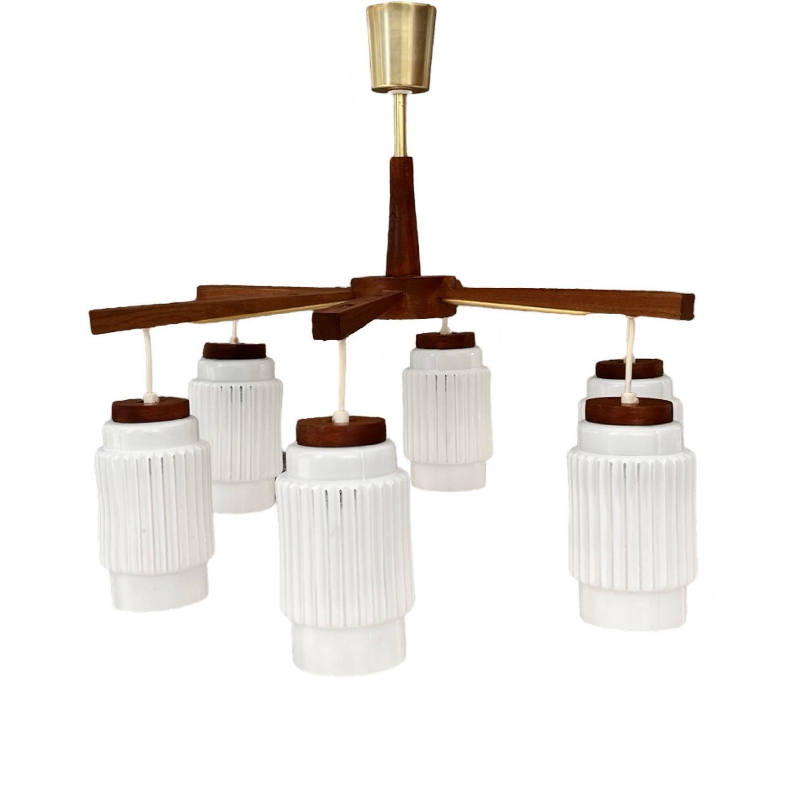 photo vintage Scandinavian Six Arm Teak Wood Chandelier, Denmark, 1970s.