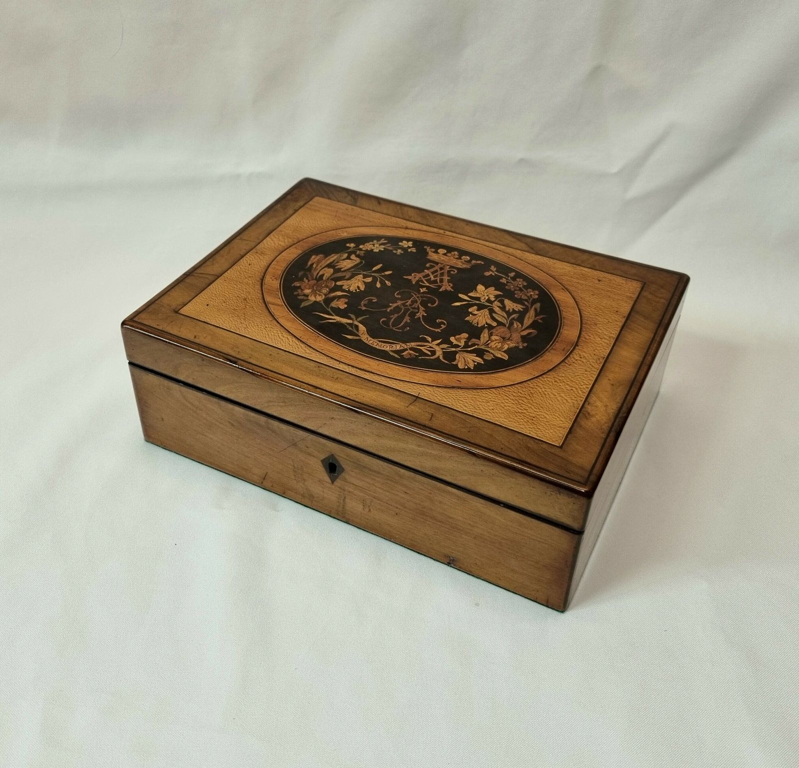 An Antique Walnut Trinket / Jewellery Box With Exceptionally Fine Inlaid Marquetry Dedicated In Memoriam To A Marquis And A Velvet Interior.