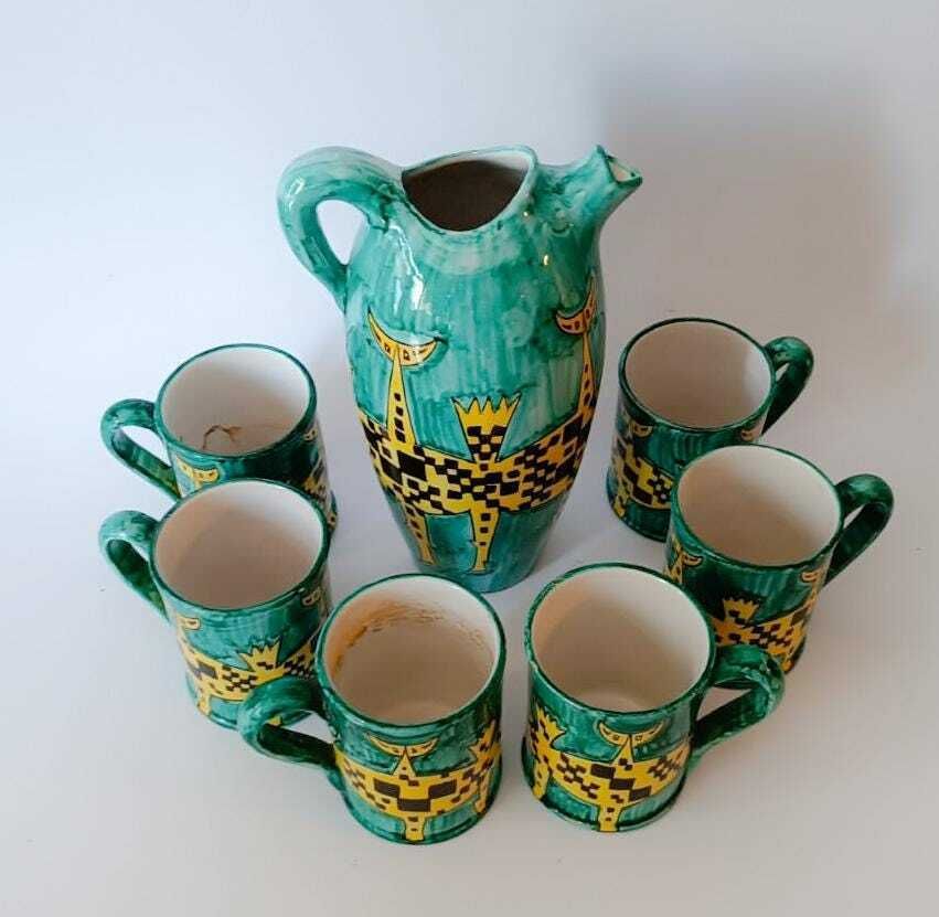 Rare Santucci Deruta Ceramic Drink Set 1 Jug 6 Cups Glasses Vintage Midcentury Modern Design photo furniture
