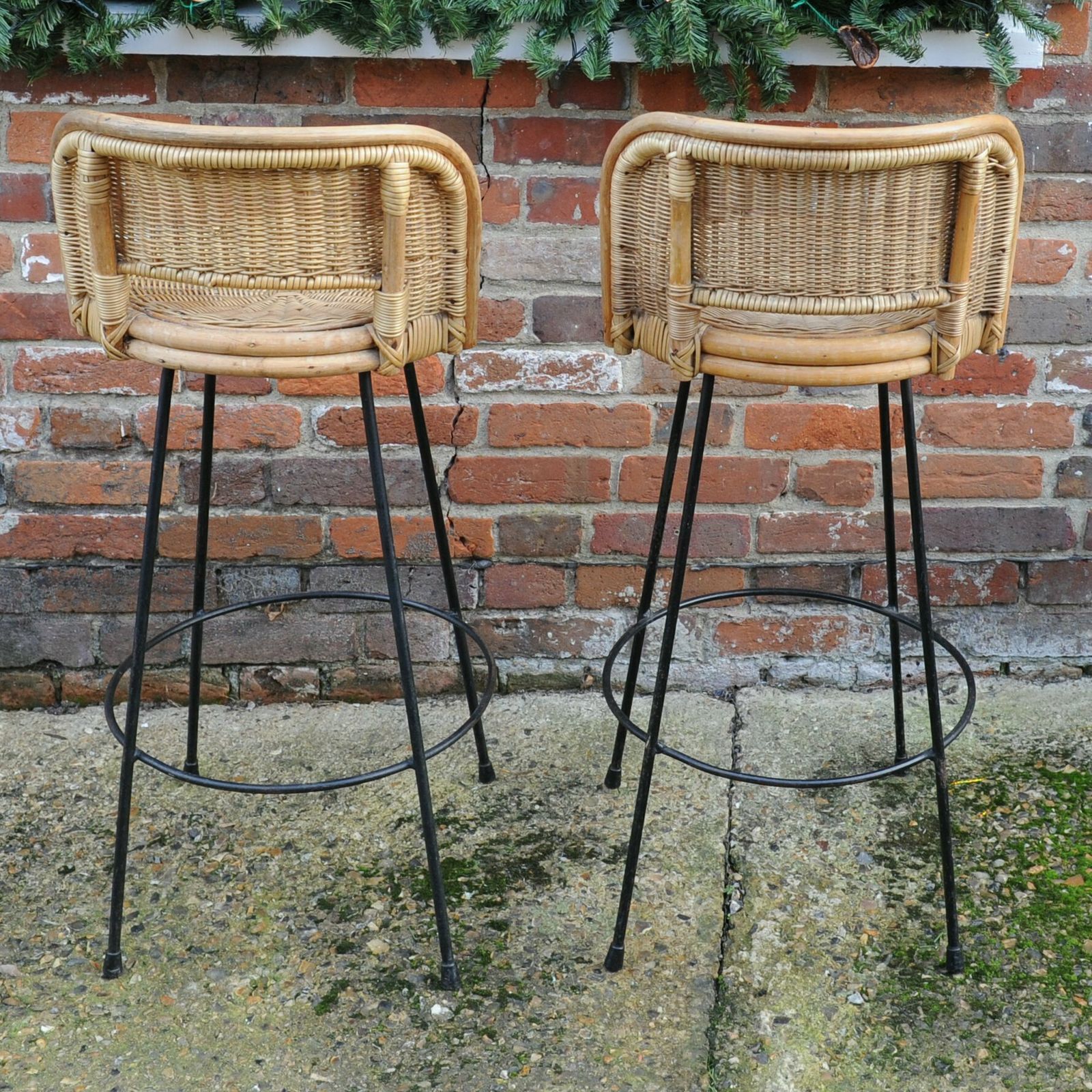 Pair Of Vintage Cast Iron And Rattan Bar Stools, 1960s photo for sale