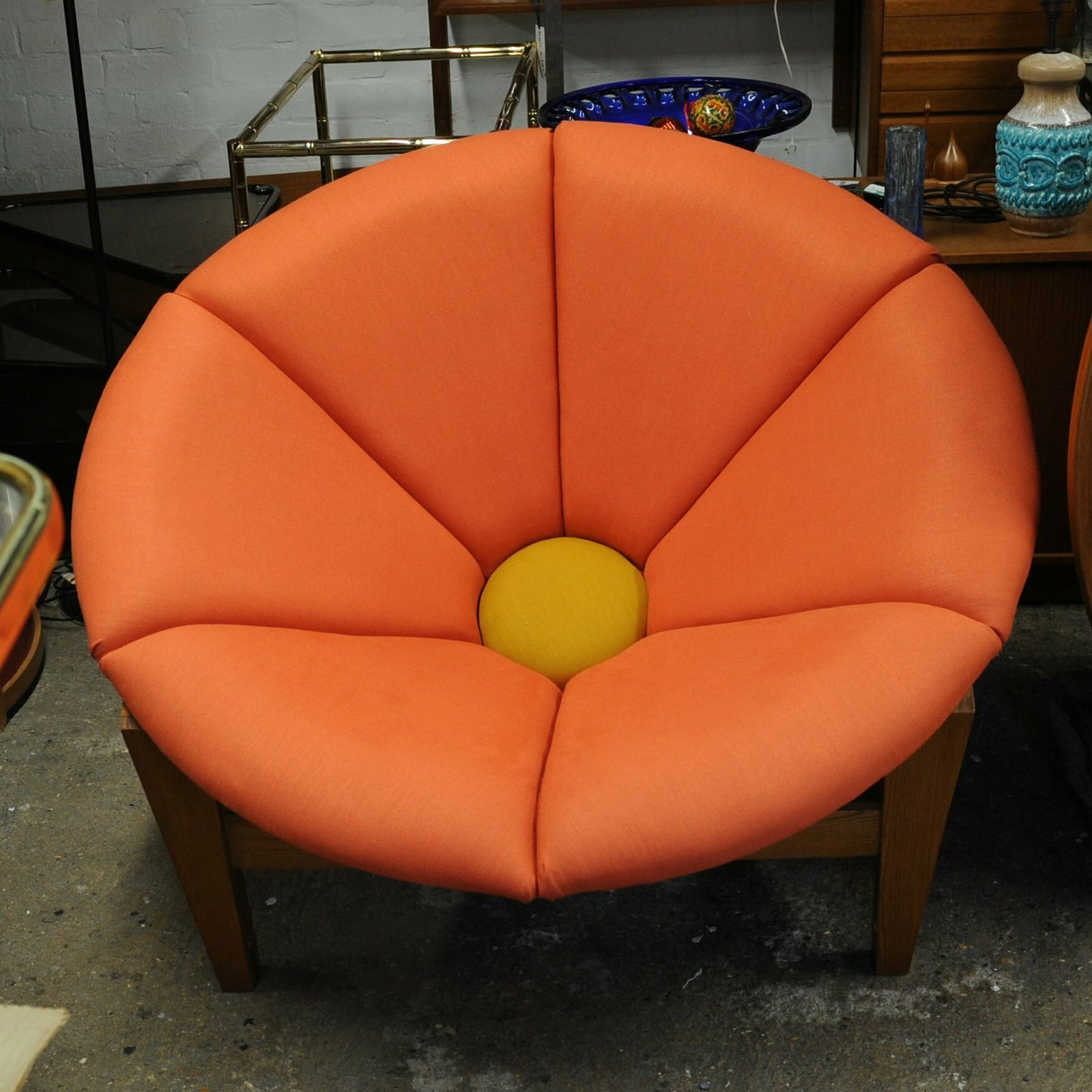 Large Mid Century Fibreglass Pink And Yellow Flower/ Daisy Chair On A Wooden Tripod Stand, 1960s photo Furniture