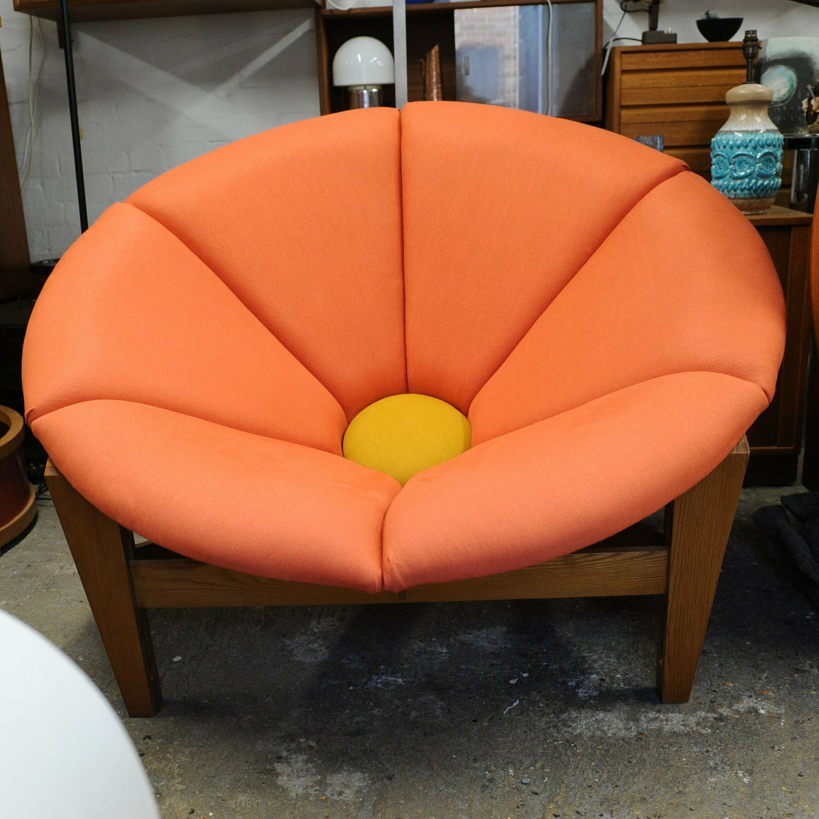 Large Mid Century Fibreglass Pink And Yellow Flower/ Daisy Chair On A Wooden Tripod Stand, 1960s photo 2950.0