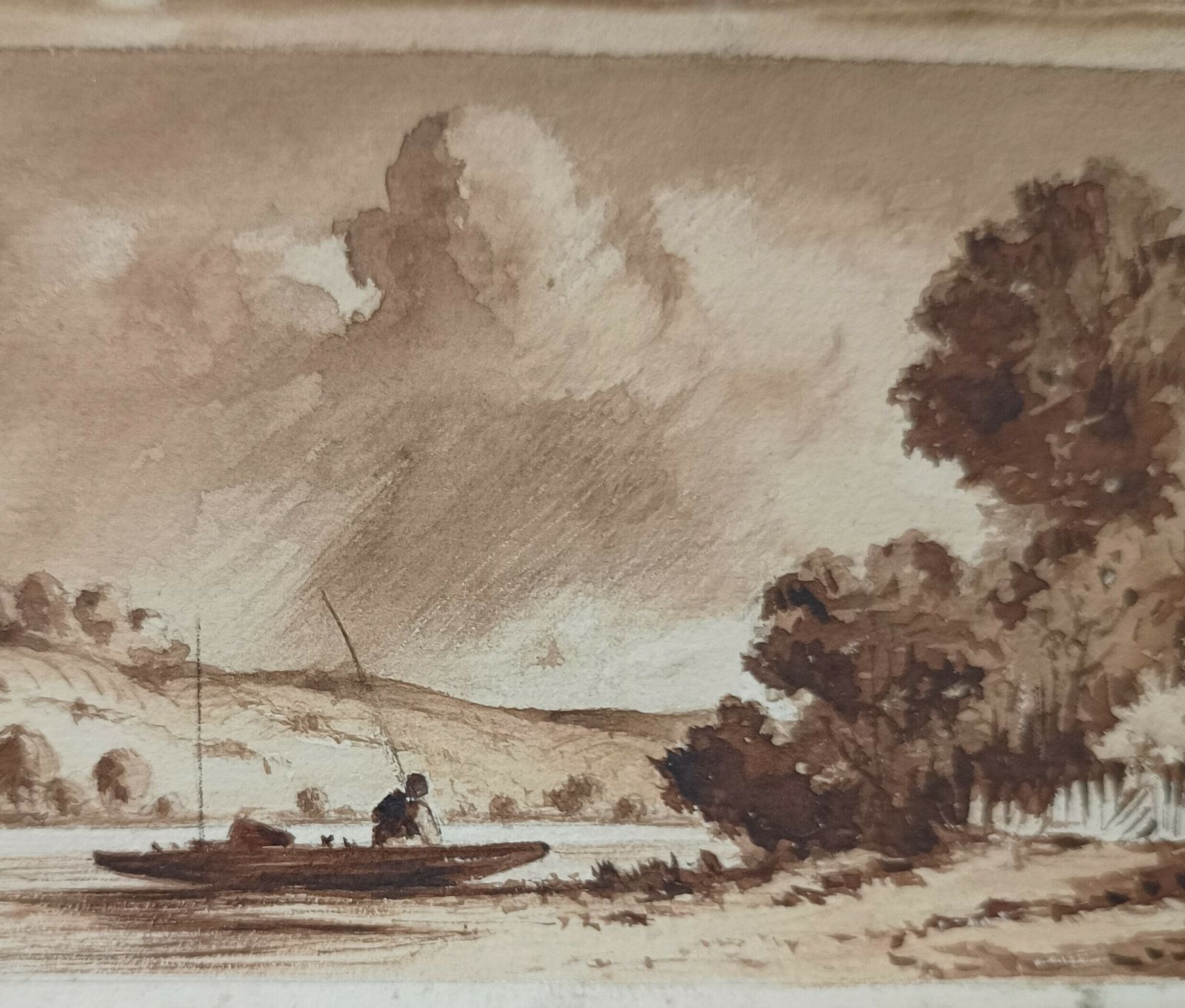 Unframed Original Watercolor Painting Men Fishing In Little Boat. photo Art