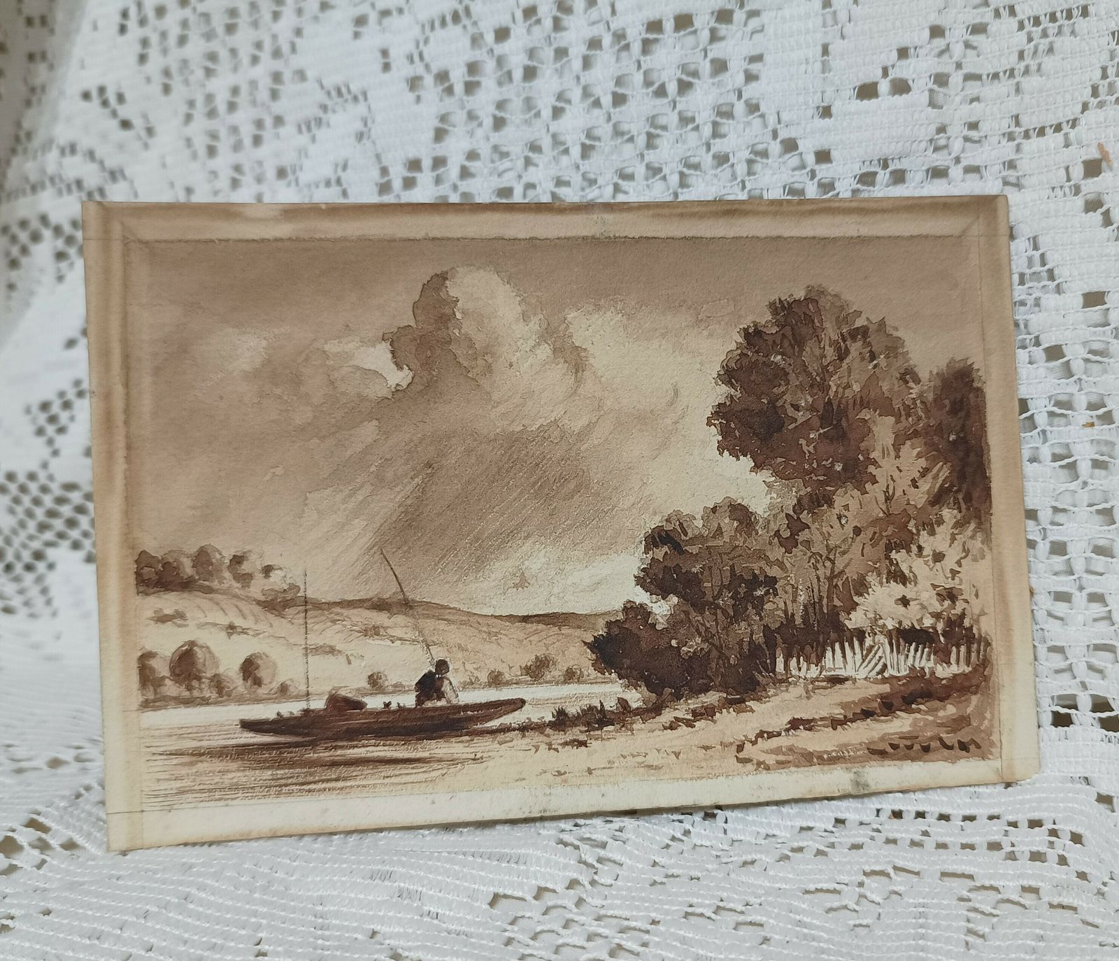 Unframed Original Watercolor Painting Men Fishing In Little Boat. photo 60.0