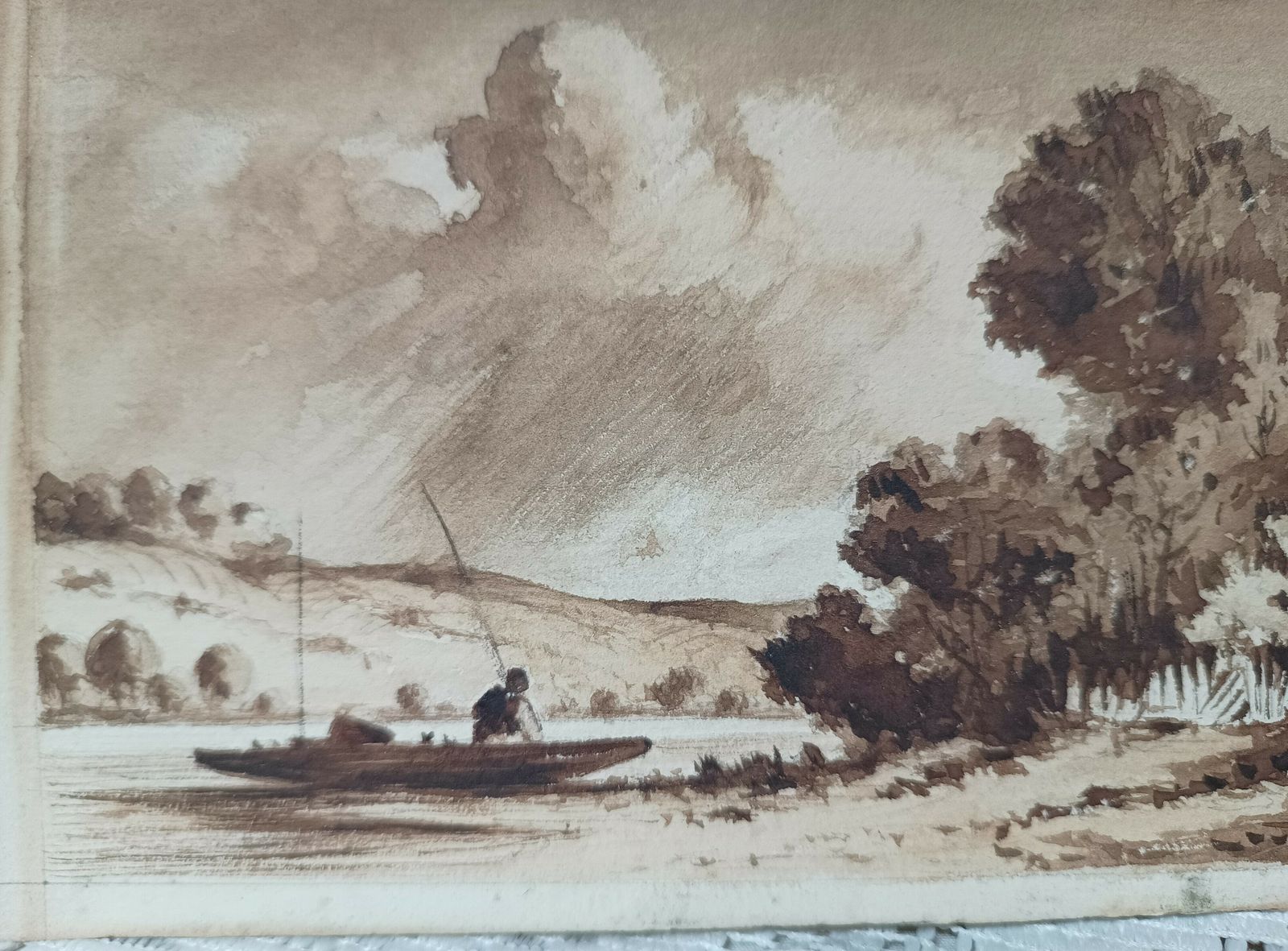 Unframed Original Watercolor Painting Men Fishing In Little Boat. photo vinterior