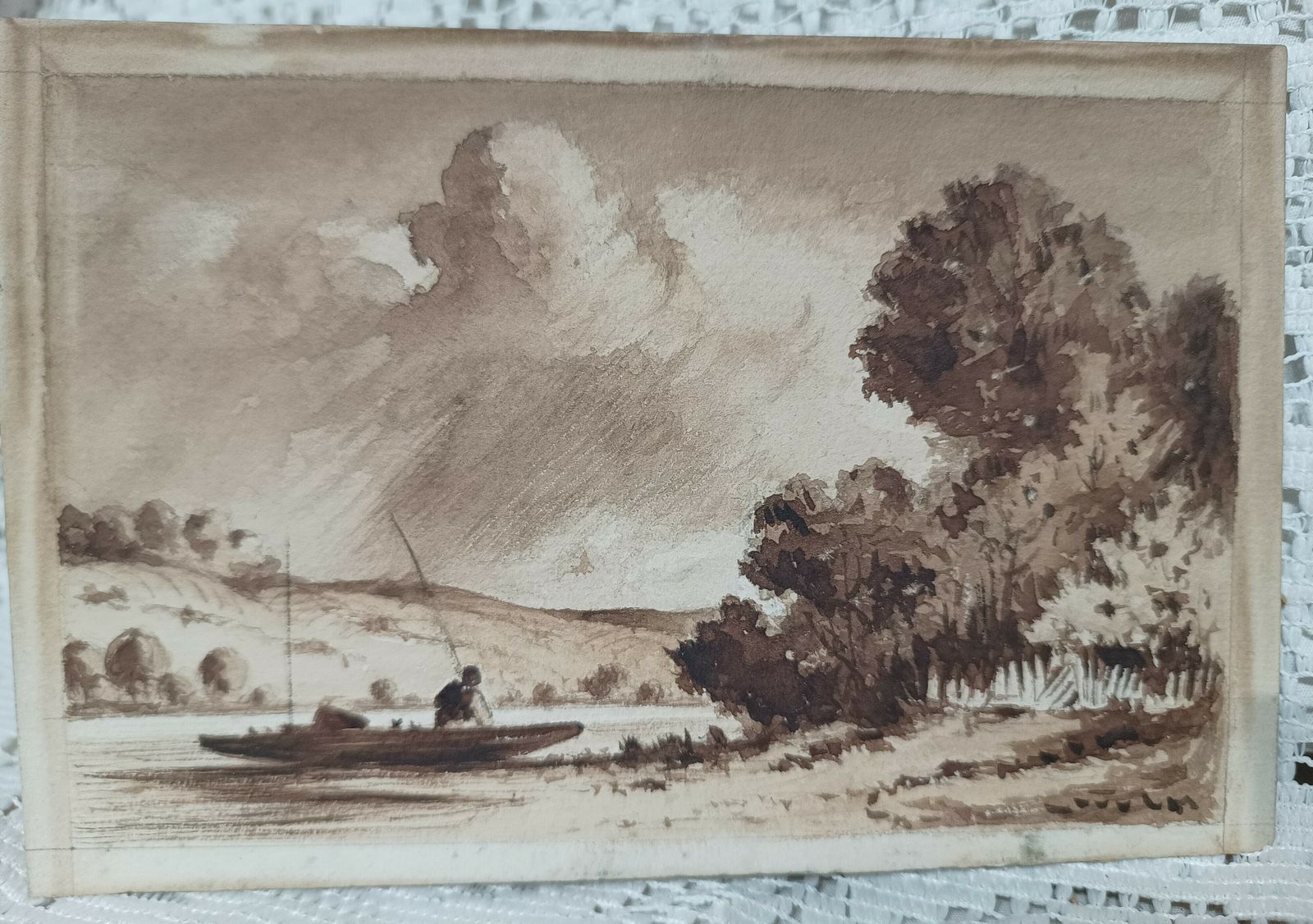 photo furniture Unframed Original Watercolor Painting Men Fishing In Little Boat.