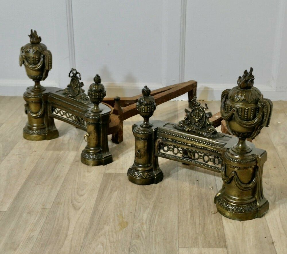A Pair Of Large French 18th Century Brass Chenets photo Home Fixtures