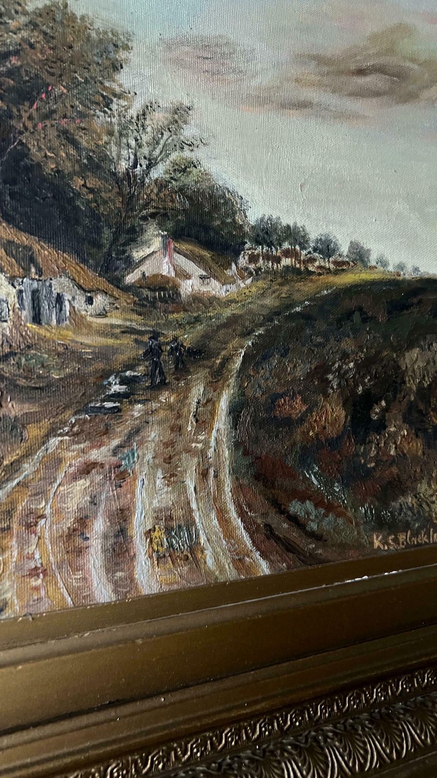 Large Original Antique Early 1900’s Oil Painting By K. S. Blacklock Depicting Cottages photo vinterior
