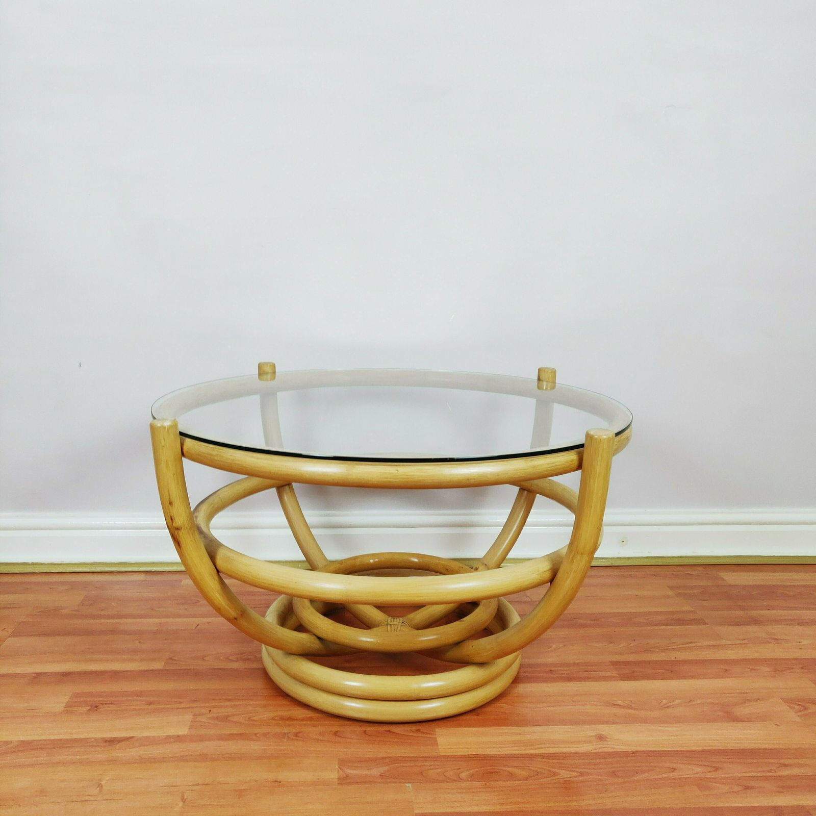 Original Angraves Vintage Bamboo Round Coffee Table, Boho Tiki Cane Glass Top Coffee Table 1970s