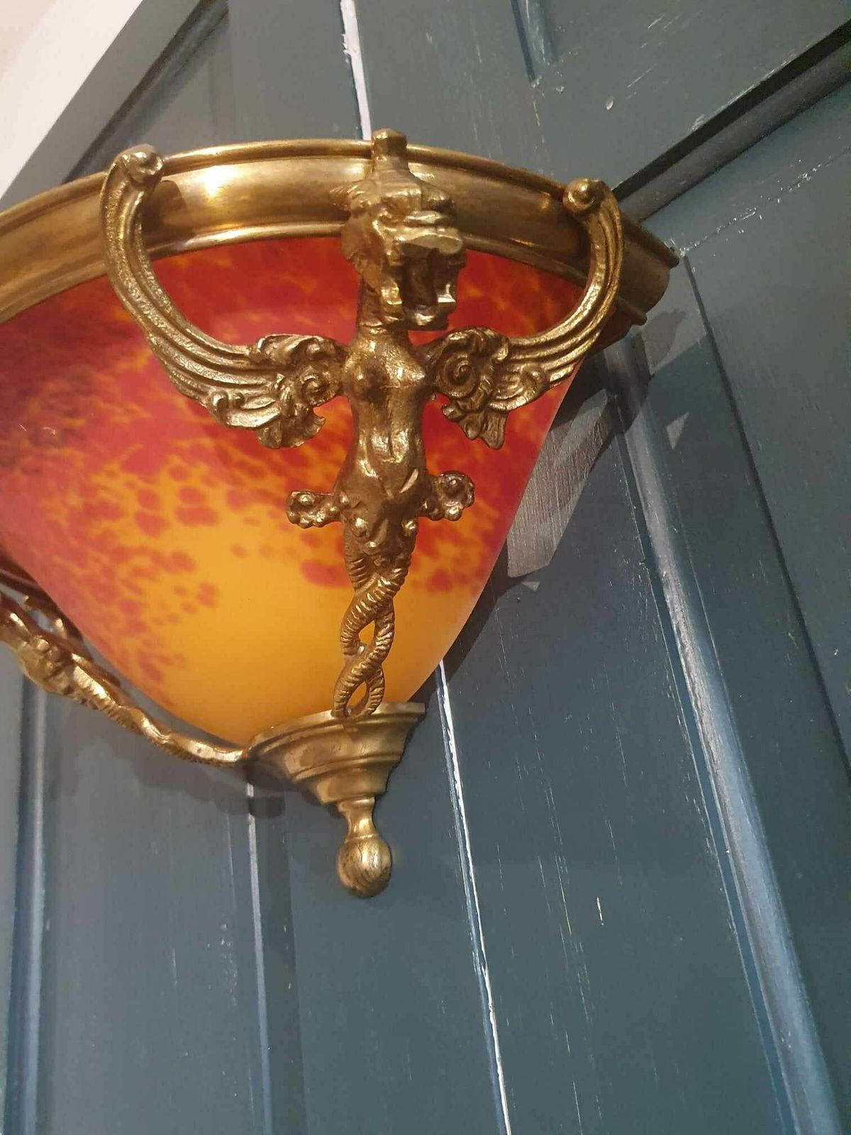 photo furniture Set Of Three French Art Deco Brass Wall Lights With Mottled Glass